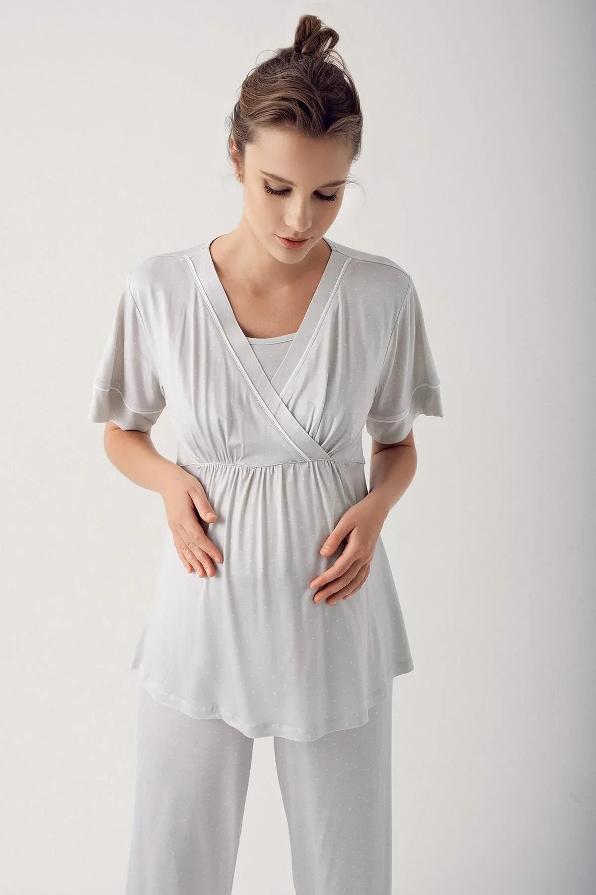 Puantiyeli Kısa Kollu Likralı Viskoz Hamile Pijama Takımı 14206 - Artış Collection