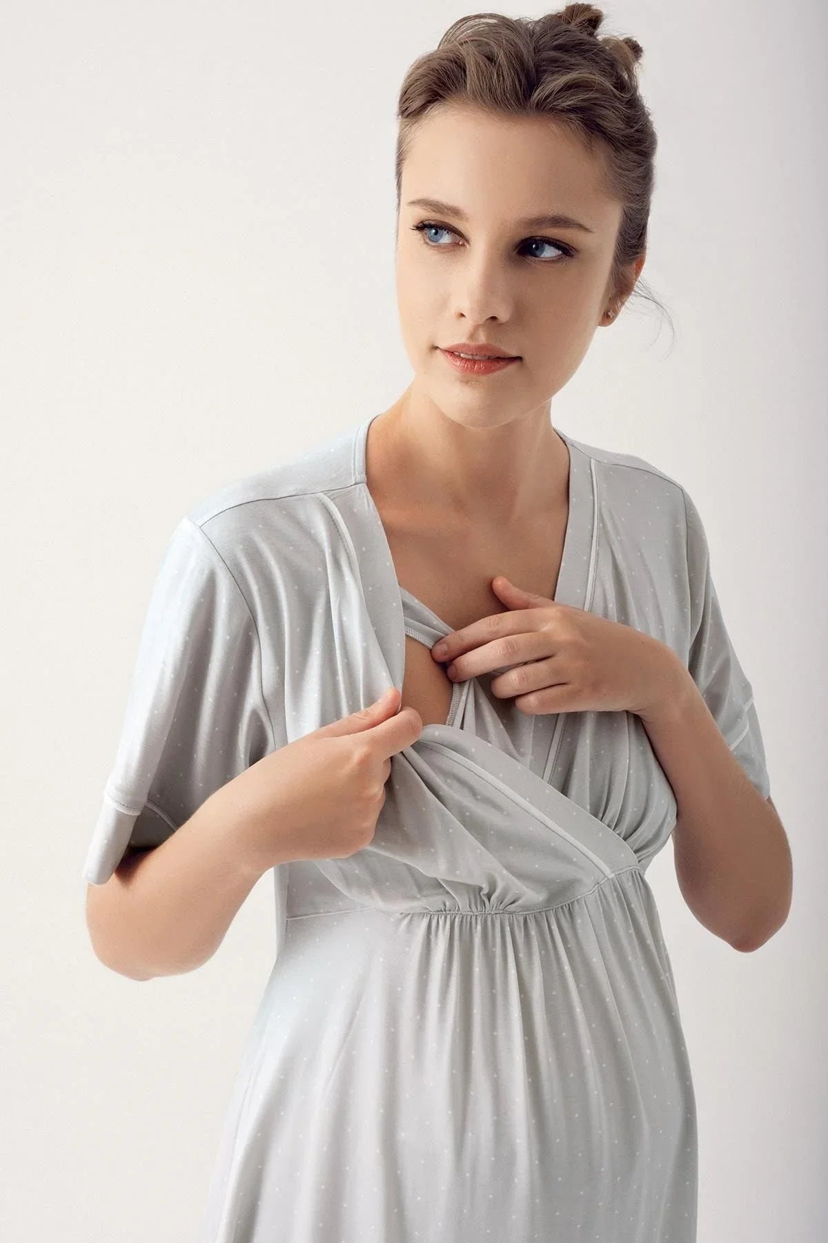 Puantiyeli Kısa Kollu Likralı Viskoz Hamile Pijama Takımı 14206 - Artış Collection