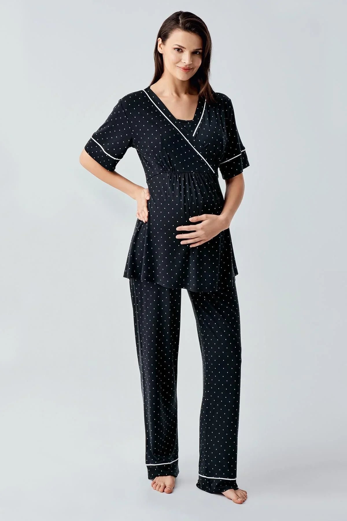 Puantiyeli Kısa Kollu Likralı Viskoz Hamile Pijama Takımı 14206 - Artış Collection