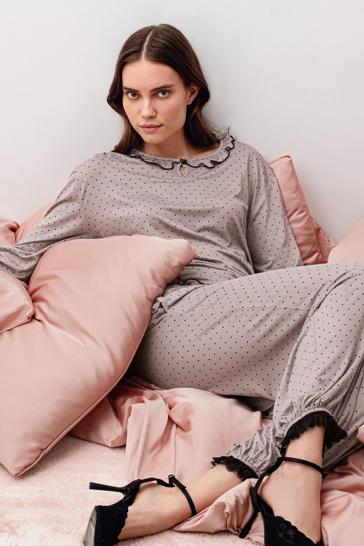 Uzun Kollu Puantiyeli Dantelli Paçası Lastikli Likralı Viskoz Pijama Takım 20208