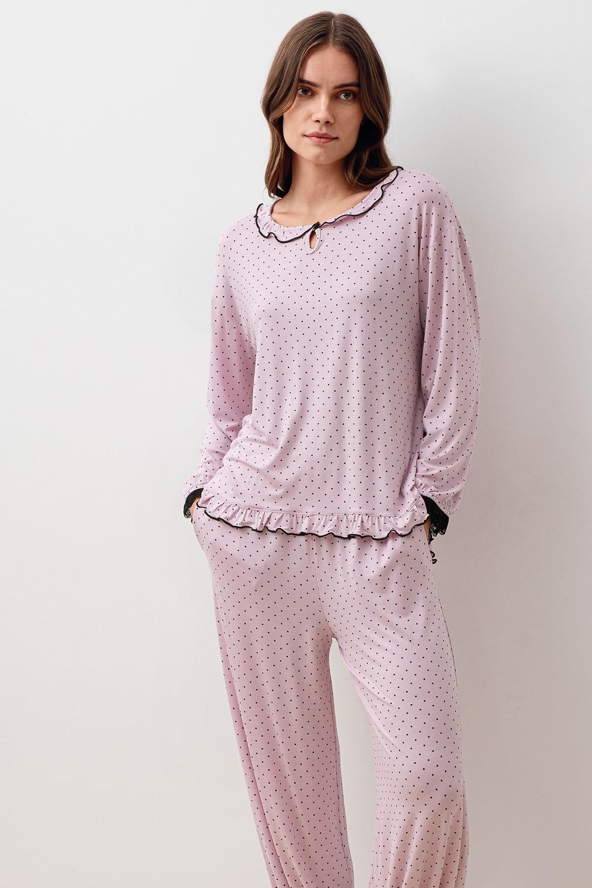 Uzun Kollu Puantiyeli Dantelli Paçası Lastikli Likralı Viskoz Pijama Takım 20208