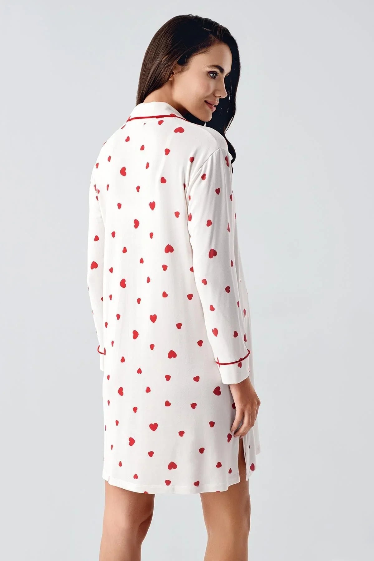 Termal Şardonlu Uzun Kollu Düğmeli Kalp Desenli Esnek Yumuşak Dokulu Hamile Gecelik 21113