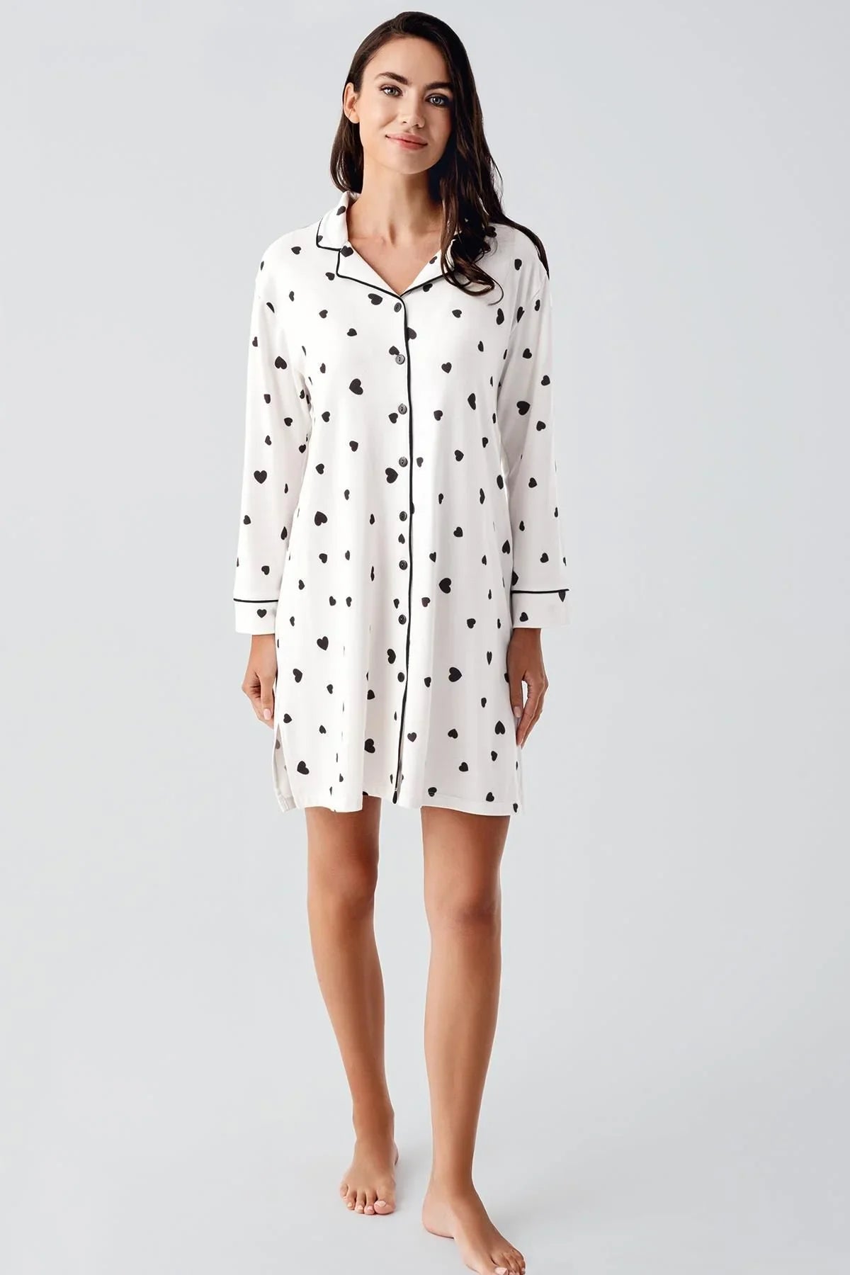 Termal Şardonlu Uzun Kollu Düğmeli Kalp Desenli Esnek Yumuşak Dokulu Hamile Gecelik 21113