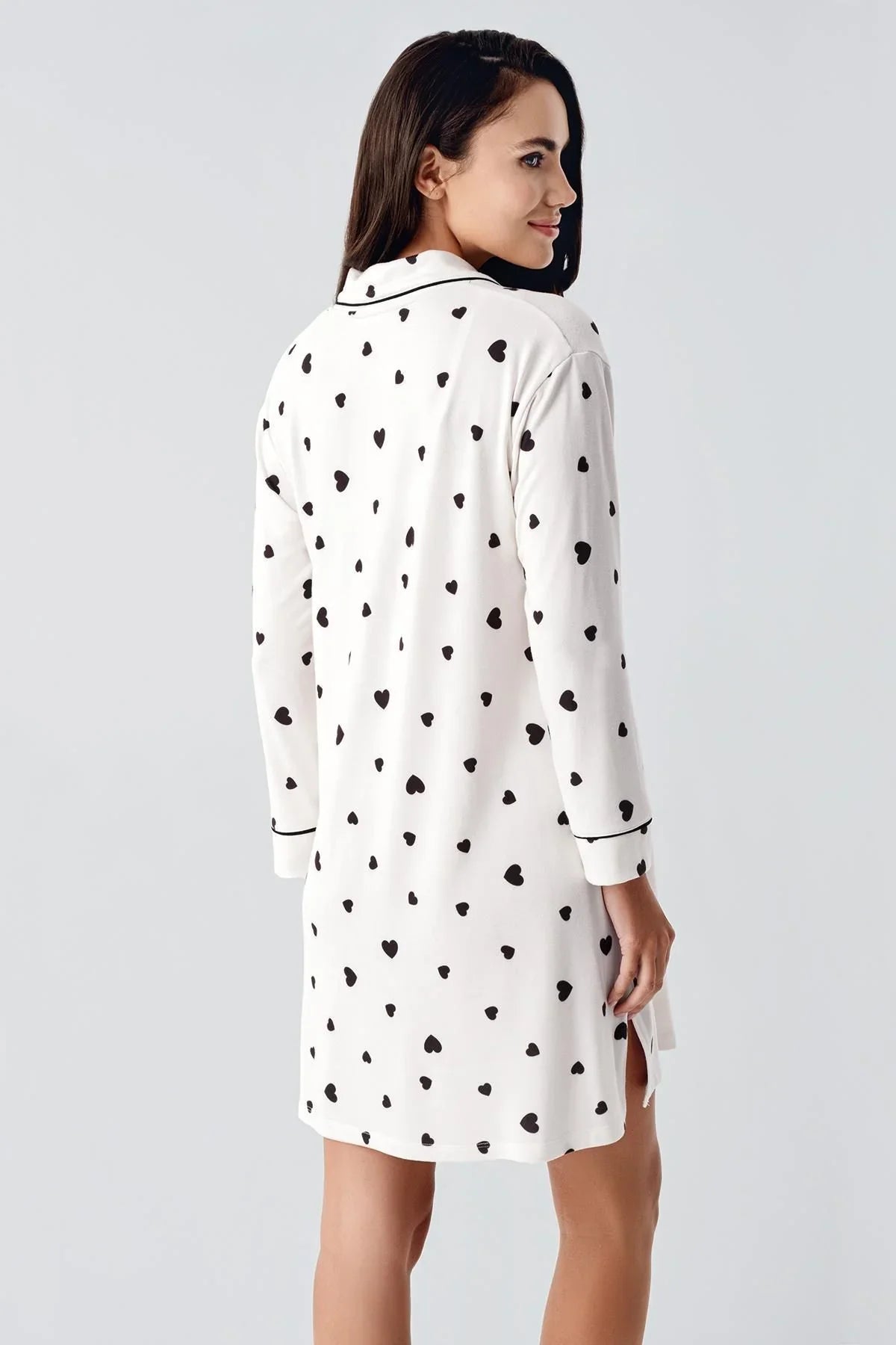 Termal Şardonlu Uzun Kollu Düğmeli Kalp Desenli Esnek Yumuşak Dokulu Hamile Gecelik 21113