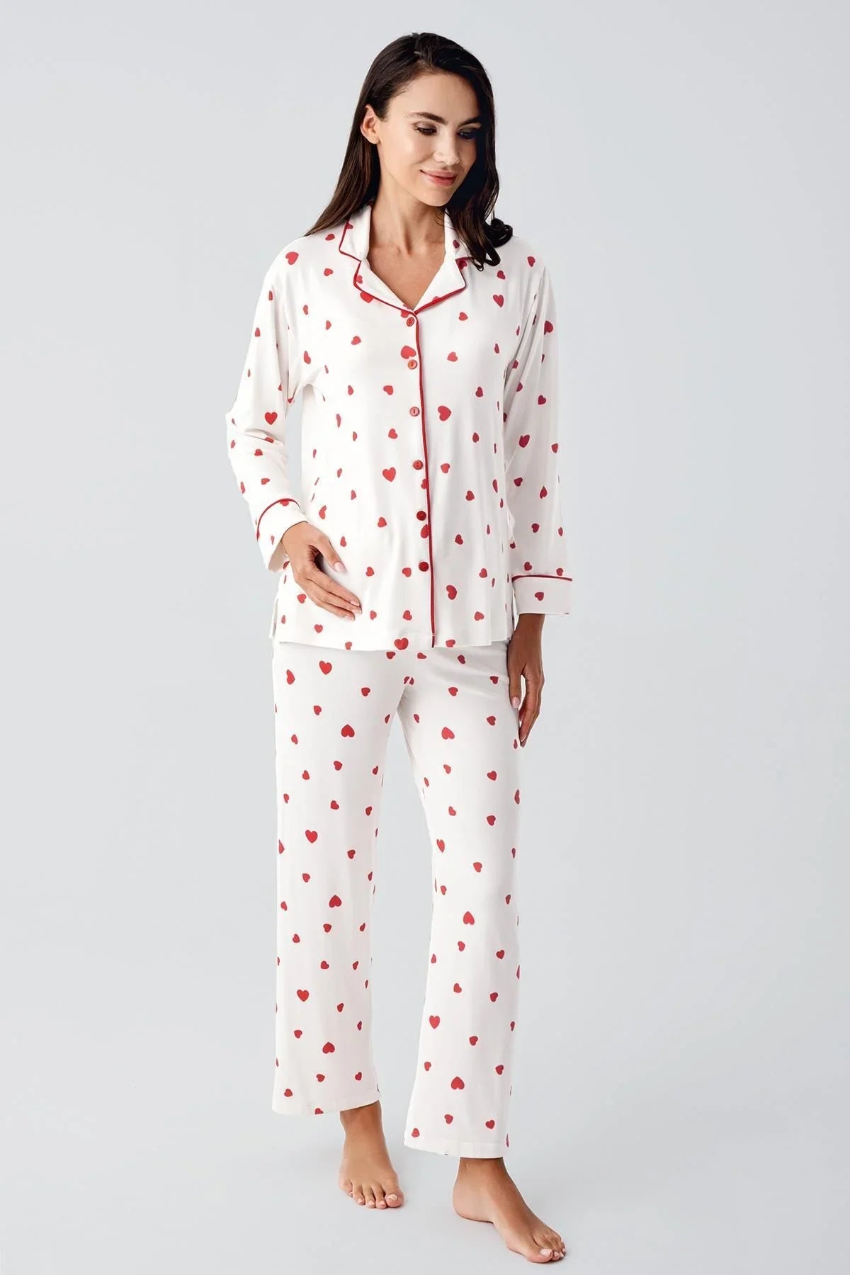 Termal Şardonlu Uzun Kollu Düğmeli Kalp Desenli Esnek Yumuşak Dokulu Hamile Pijama Takım 22113