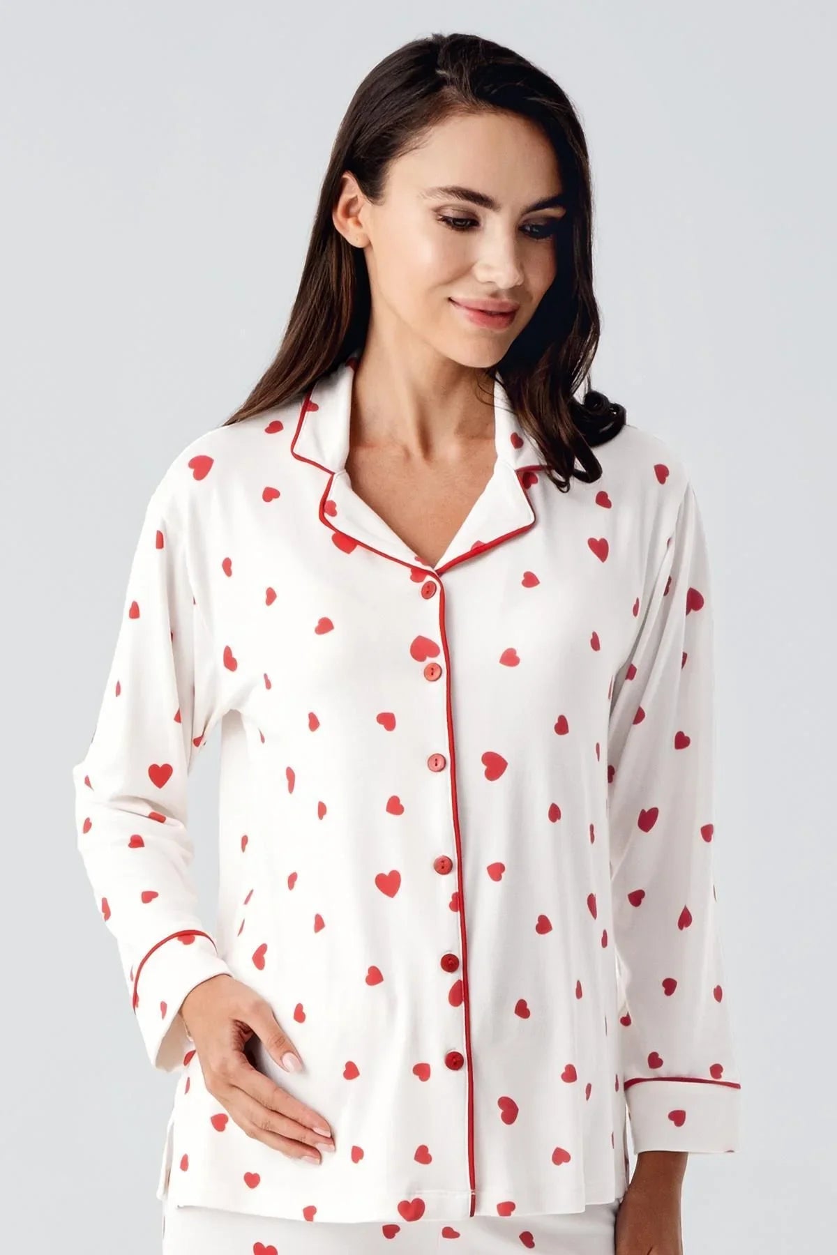 Termal Şardonlu Uzun Kollu Düğmeli Kalp Desenli Esnek Yumuşak Dokulu Hamile Pijama Takım 22113