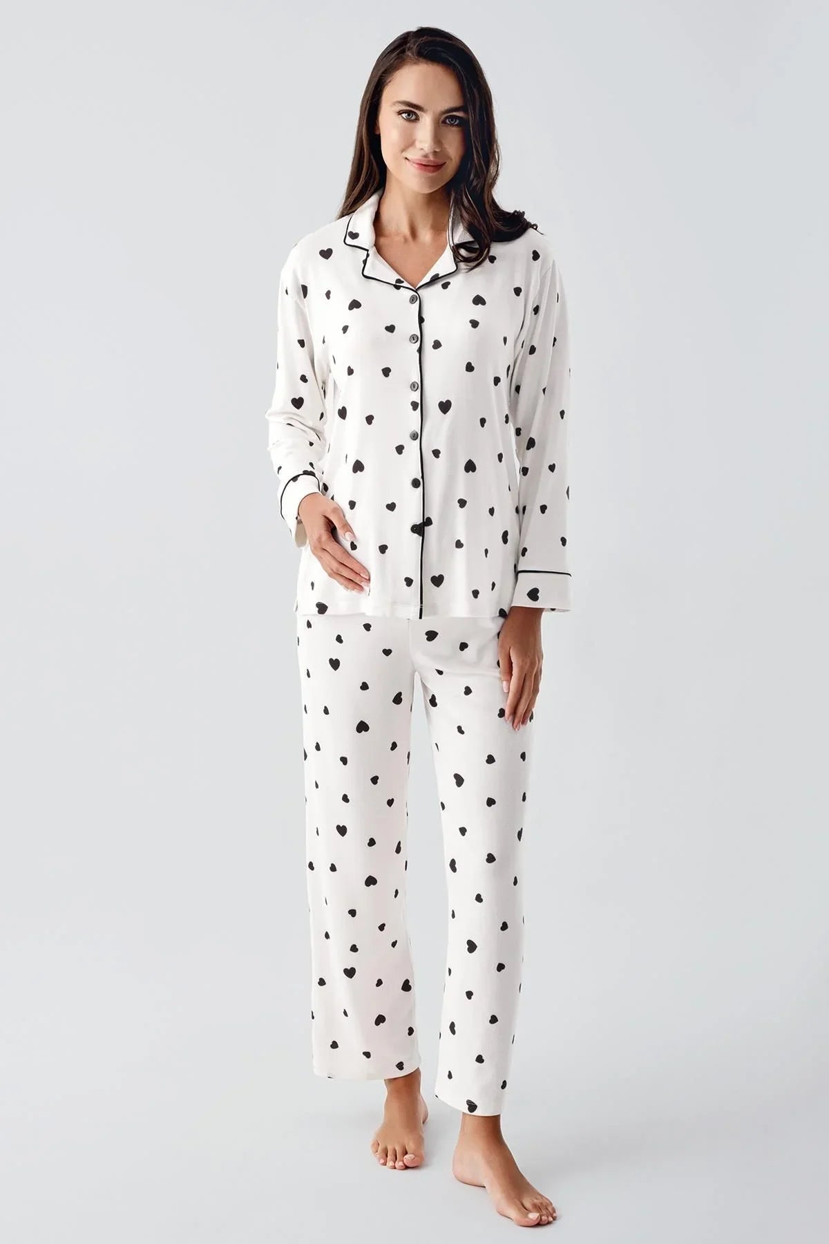 Termal Şardonlu Uzun Kollu Düğmeli Kalp Desenli Esnek Yumuşak Dokulu Hamile Pijama Takım 22113