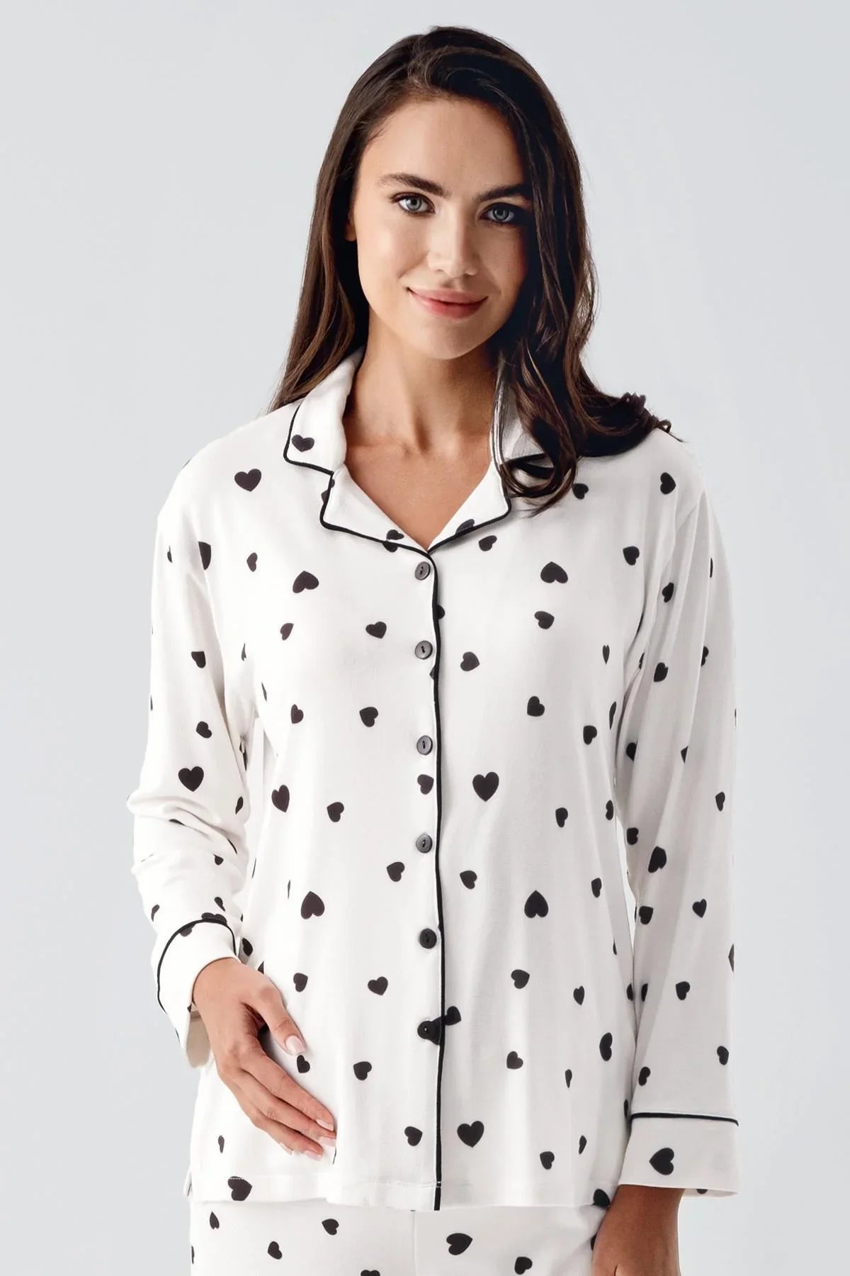 Termal Şardonlu Uzun Kollu Düğmeli Kalp Desenli Esnek Yumuşak Dokulu Hamile Pijama Takım 22113