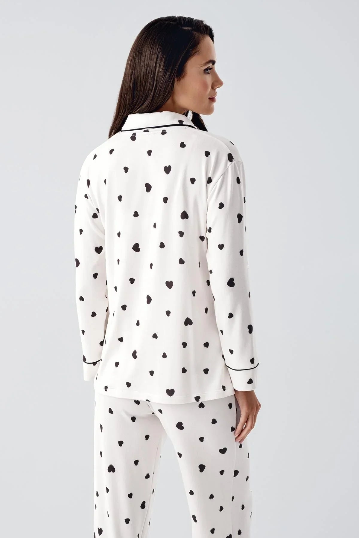 Termal Şardonlu Uzun Kollu Düğmeli Kalp Desenli Esnek Yumuşak Dokulu Hamile Pijama Takım 22113