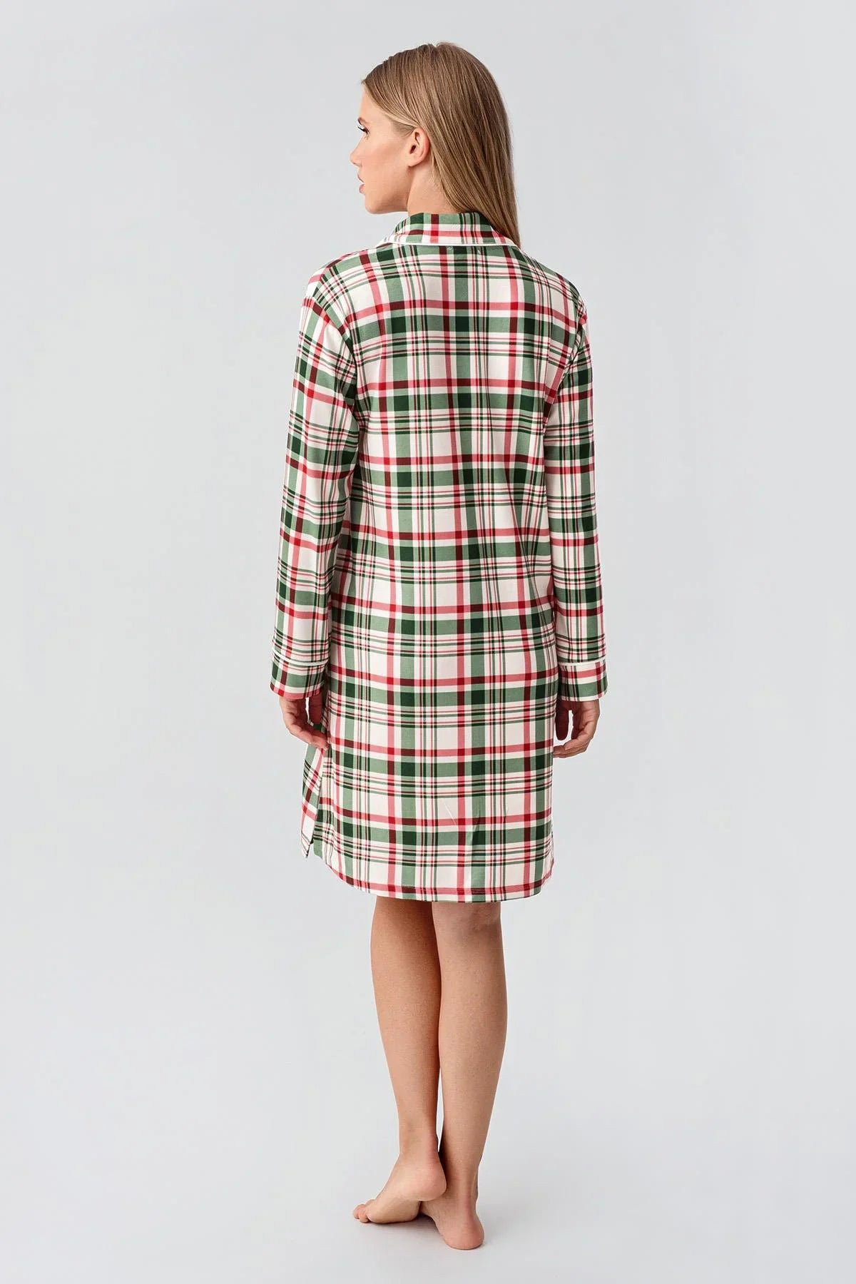 Termal Uzun Kollu Düğmeli Ekose Desenli Esnek Yumuşak Dokulu Gecelik 18109