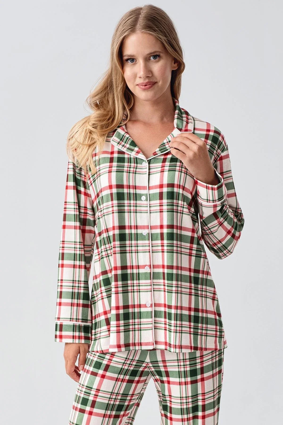 Termal Uzun Kollu Düğmeli Ekose Desenli Esnek Yumuşak Dokulu Pijama Takım 18221