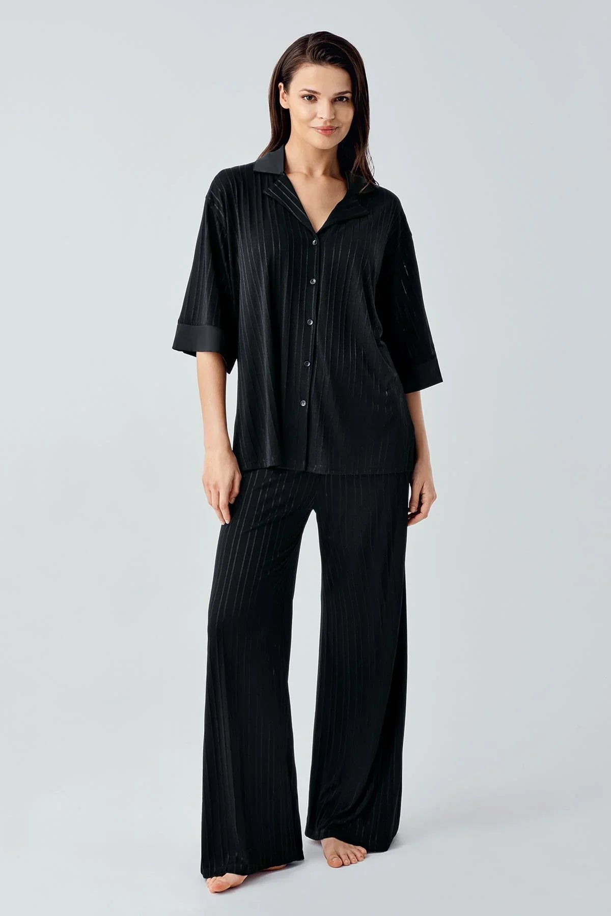 Truvakar Kol Düğmeli Saten Detaylı Esnek Viskoz Pijama Takım 17202