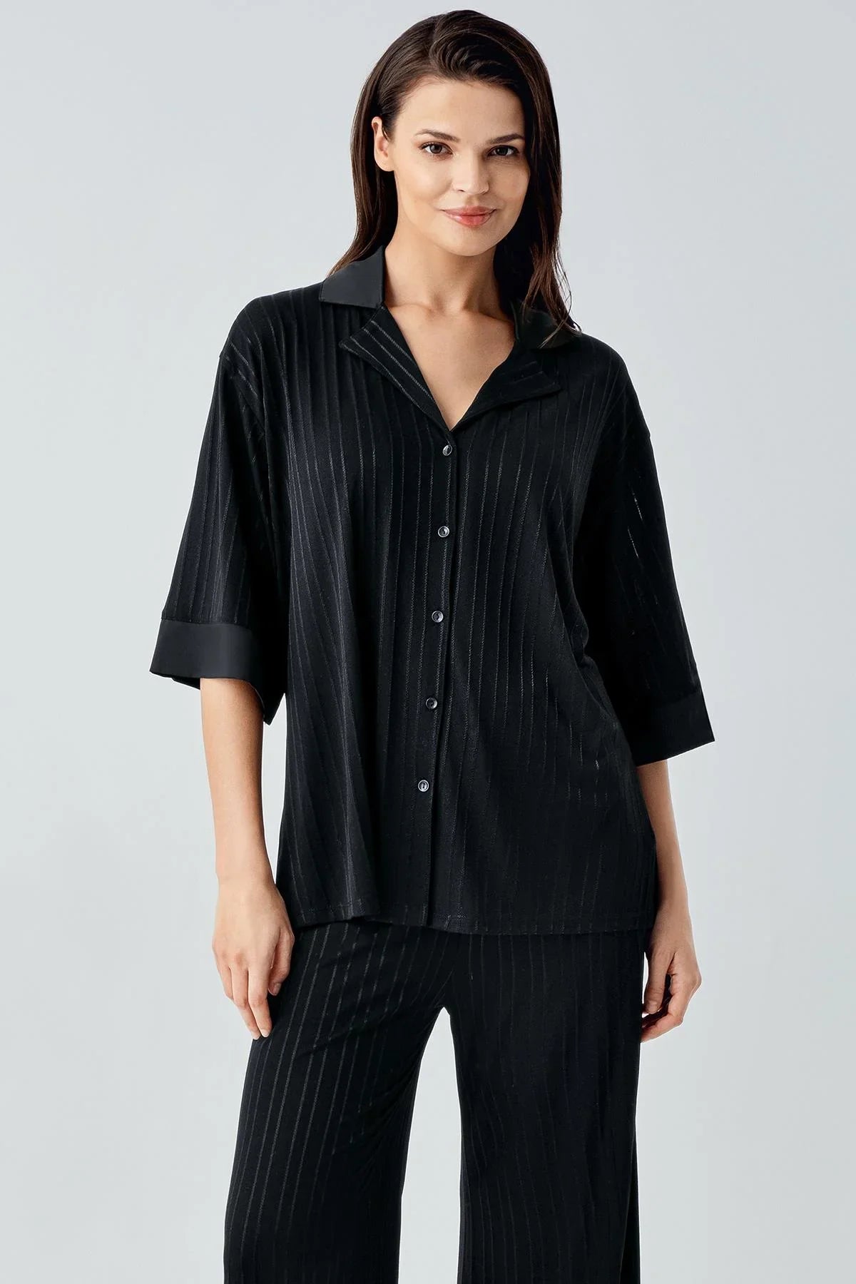 Truvakar Kol Düğmeli Saten Detaylı Esnek Viskoz Pijama Takım 17202