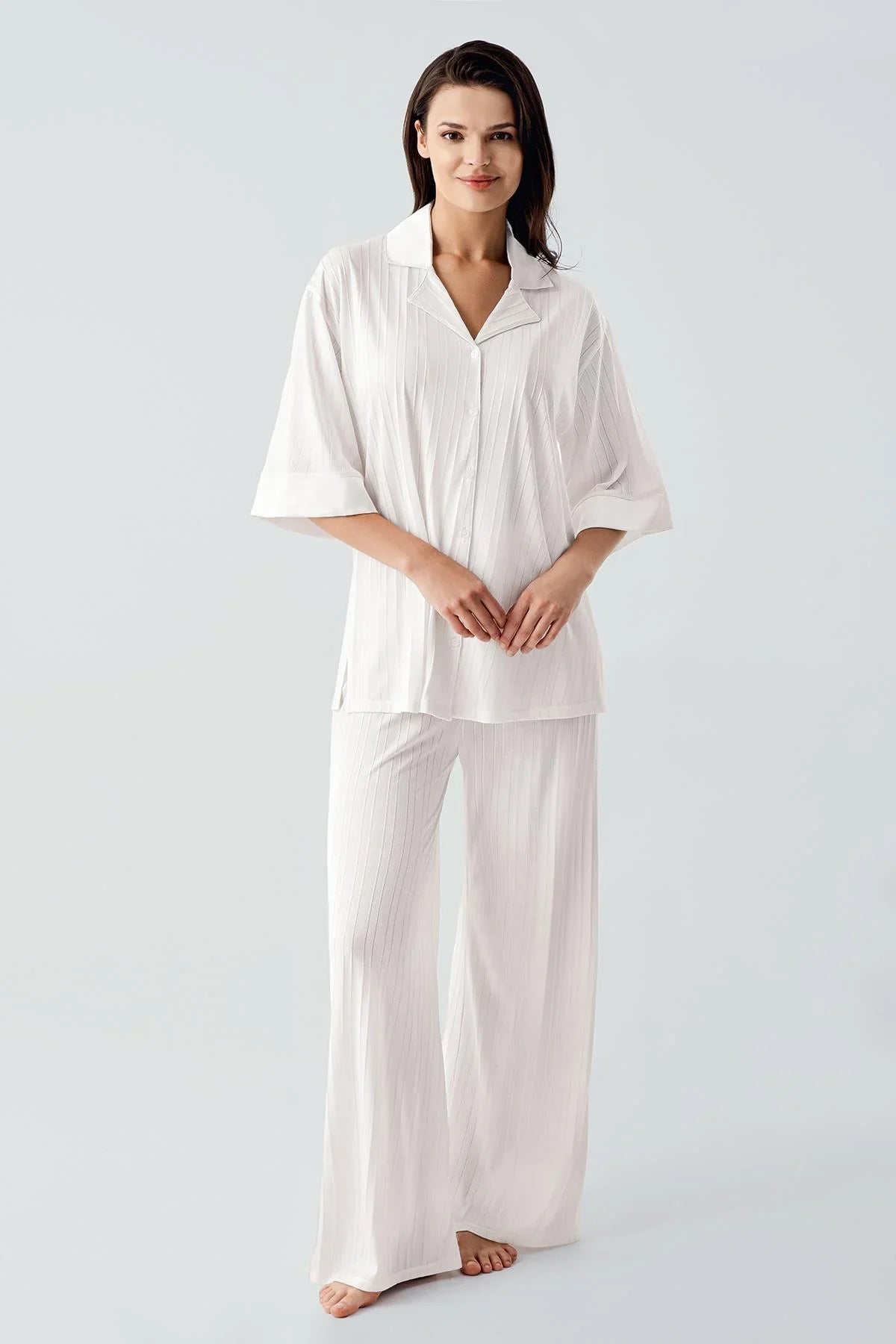 Truvakar Kol Düğmeli Saten Detaylı Esnek Viskoz Pijama Takım 17202 - Artış Collection