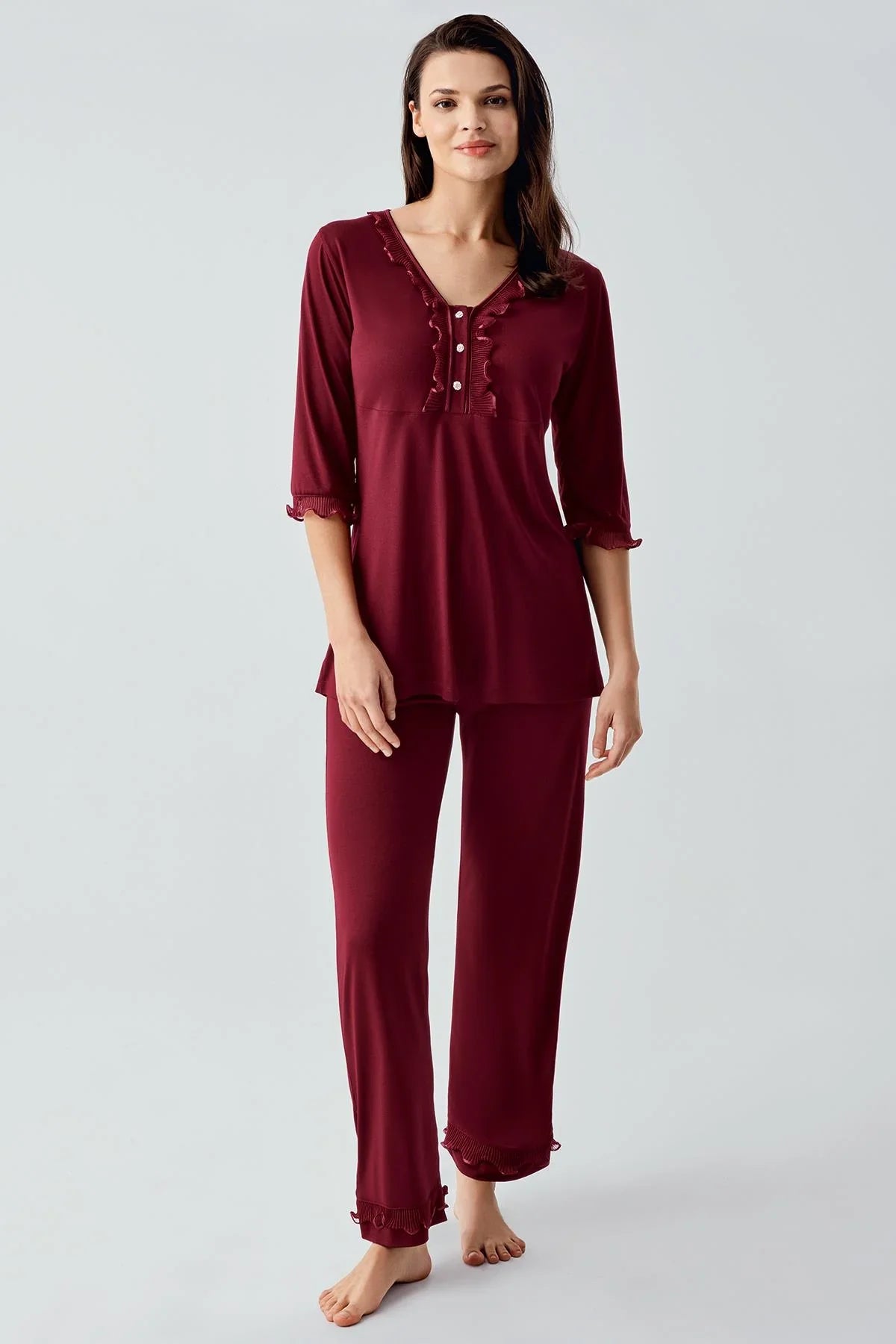 Truvakar Kollu Dantelli Düğmeli Esnek Viskoz Pijama Takım 17217