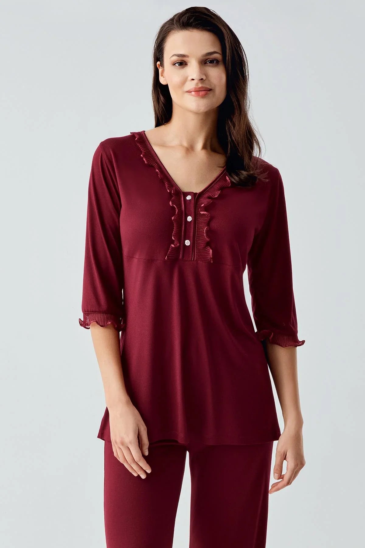 Truvakar Kollu Dantelli Düğmeli Esnek Viskoz Pijama Takım 17217