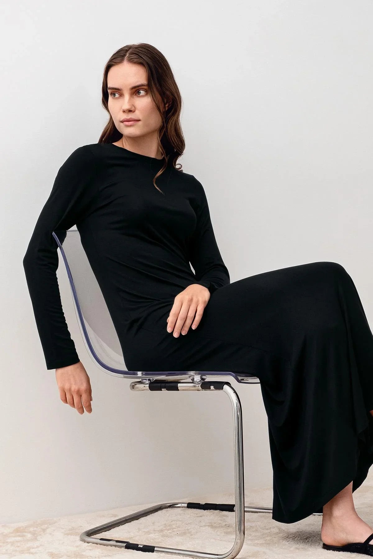 Uzun Kollu Basic Rahat Günlük Likralı Esnek Viskoz Soft Elbise 20108 - Artış Collection