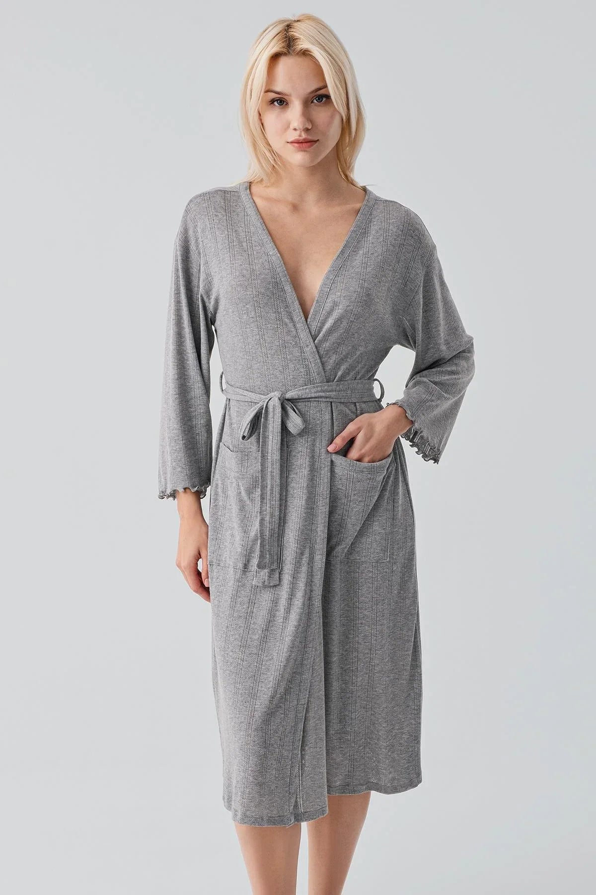 Uzun Kollu Ajurlu Esnek Pamuklu Sabahlık 17508 - Artış Collection