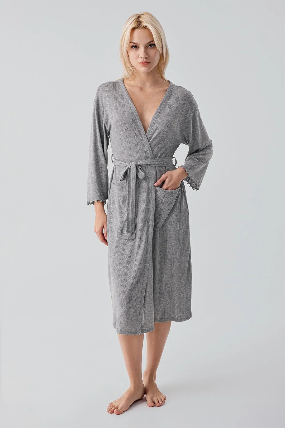 Uzun Kollu Ajurlu Esnek Pamuklu Sabahlık 17508 - Artış Collection