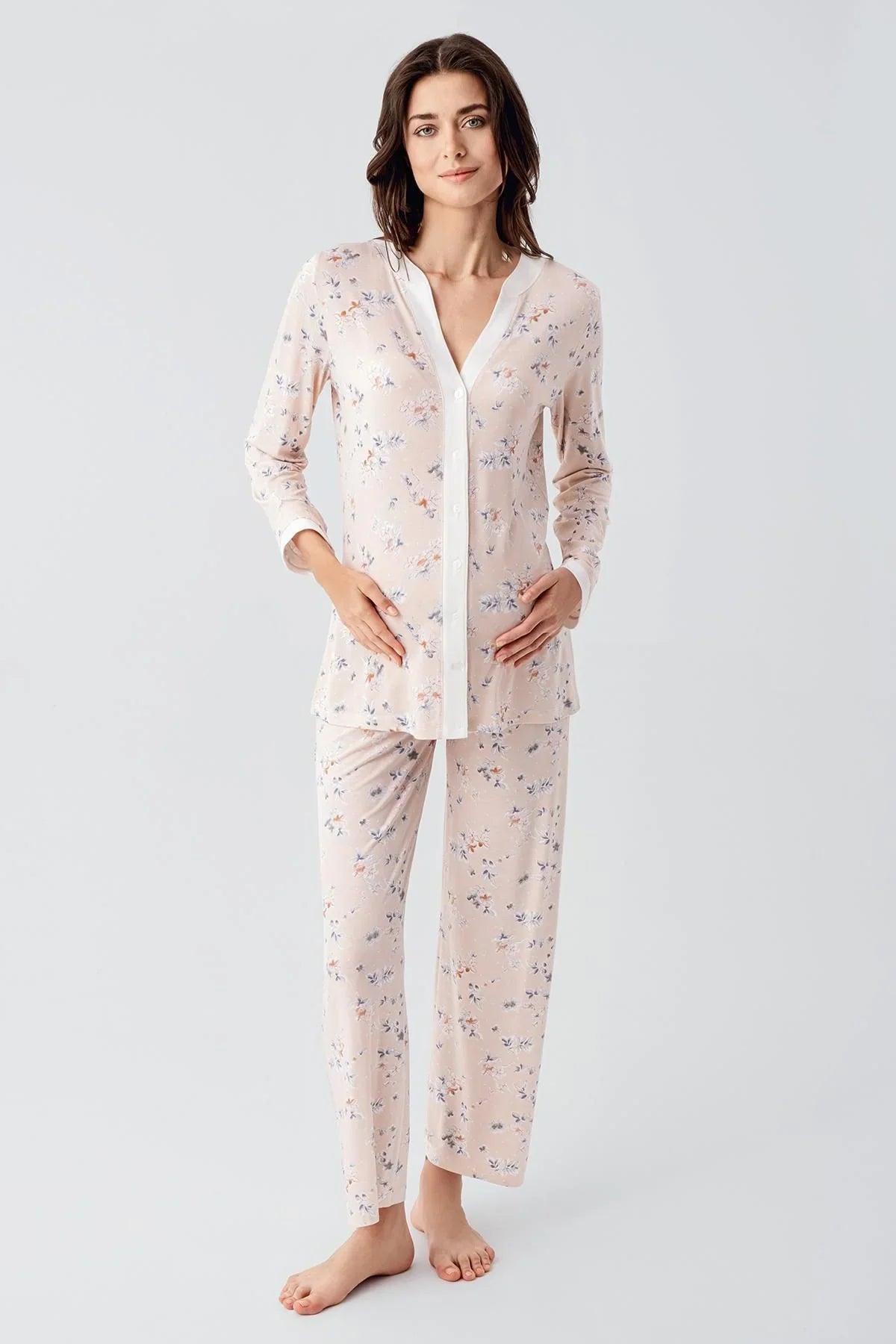 Uzun Kollu Çiçek Desenli Düğmeli Esnek Viskon Pijama Takım 16214 - Artış Collection