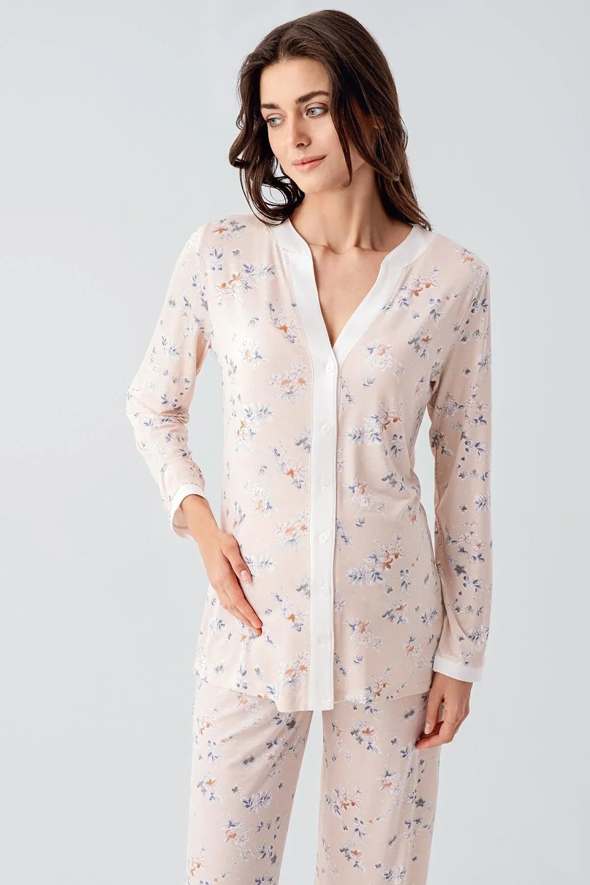 Uzun Kollu Çiçek Desenli Düğmeli Esnek Viskon Pijama Takım 16214 - Artış Collection