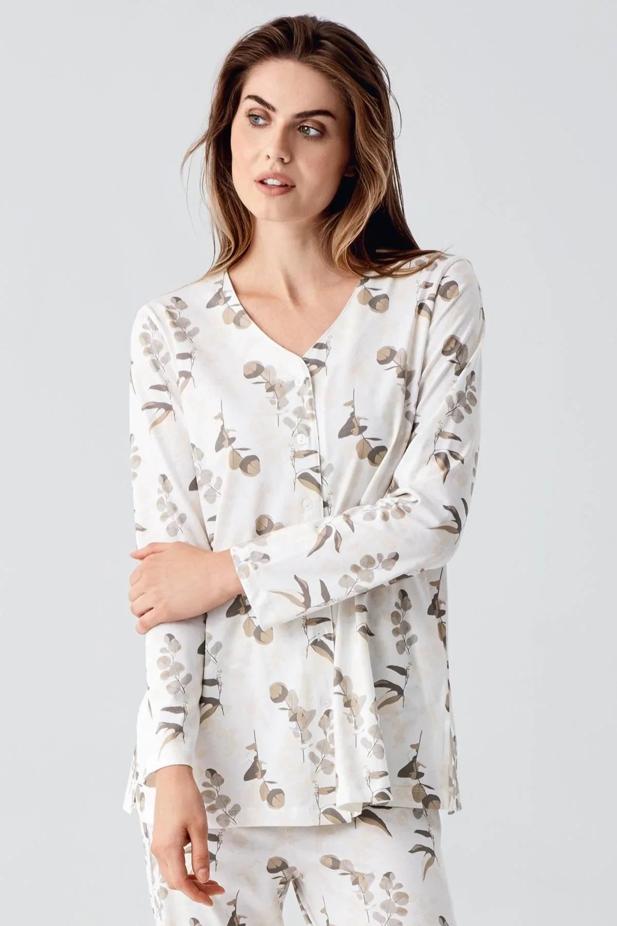 Uzun Kollu Çiçek Desenli Düğmeli Pamuklu Hamile Pijama Takım 22115 - Artış Collection