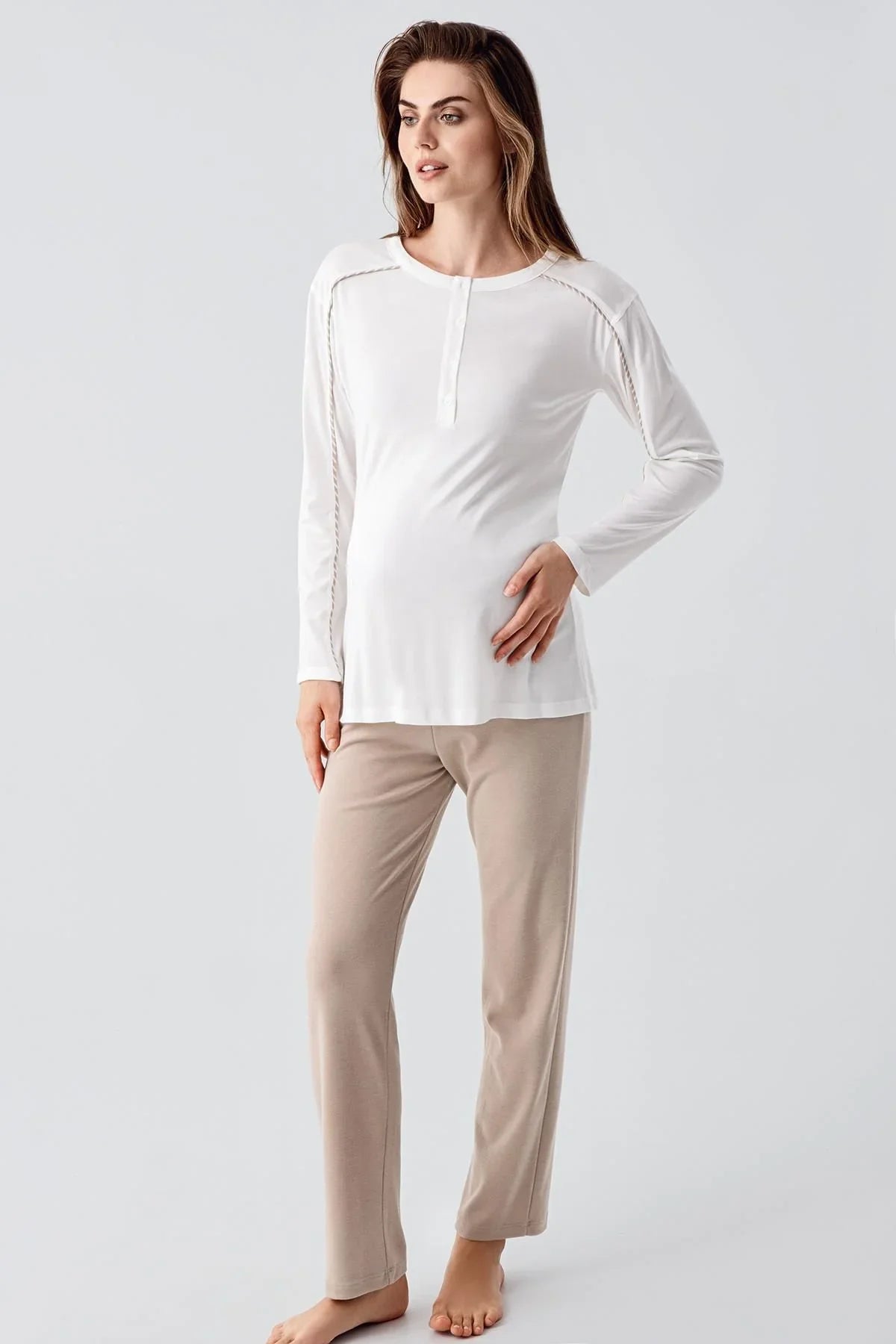 Uzun Kollu Çizgili Esnek Şardonlu Viskoz Hamile Sabahlık Pijama Takım 23103