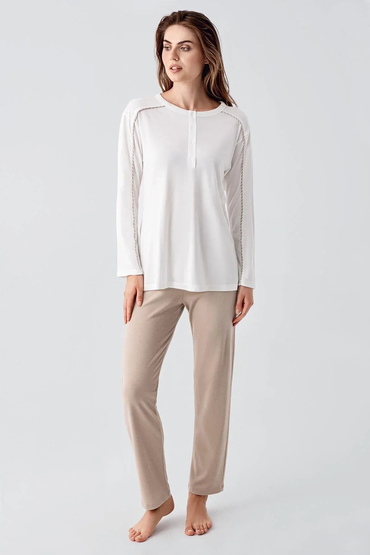 Uzun Kollu Çizgili Esnek Şardonlu Viskoz Hamile Sabahlık Pijama Takım 23103