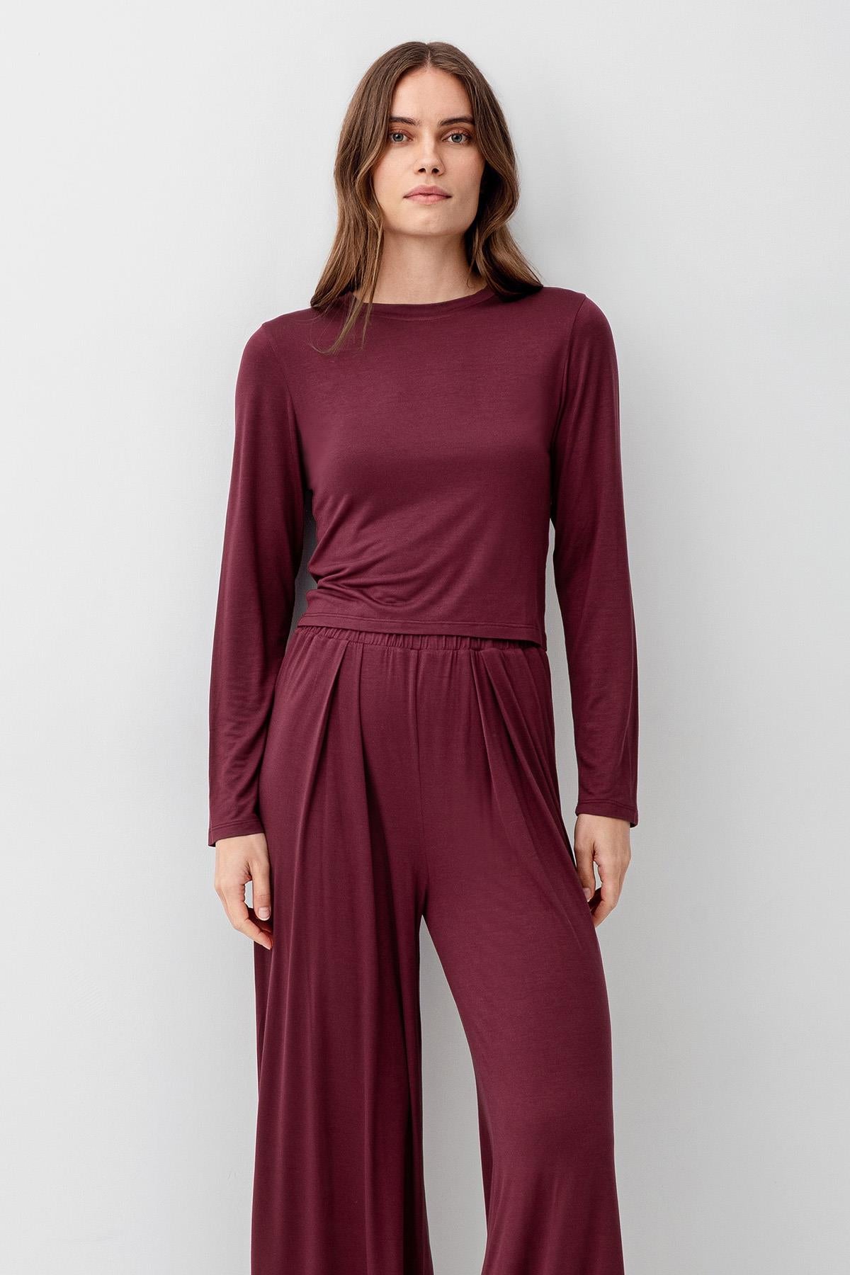 Uzun Kollu Crop Bol Paça Esnek Likralı Viskoz Soft Pijama Takım 18210
