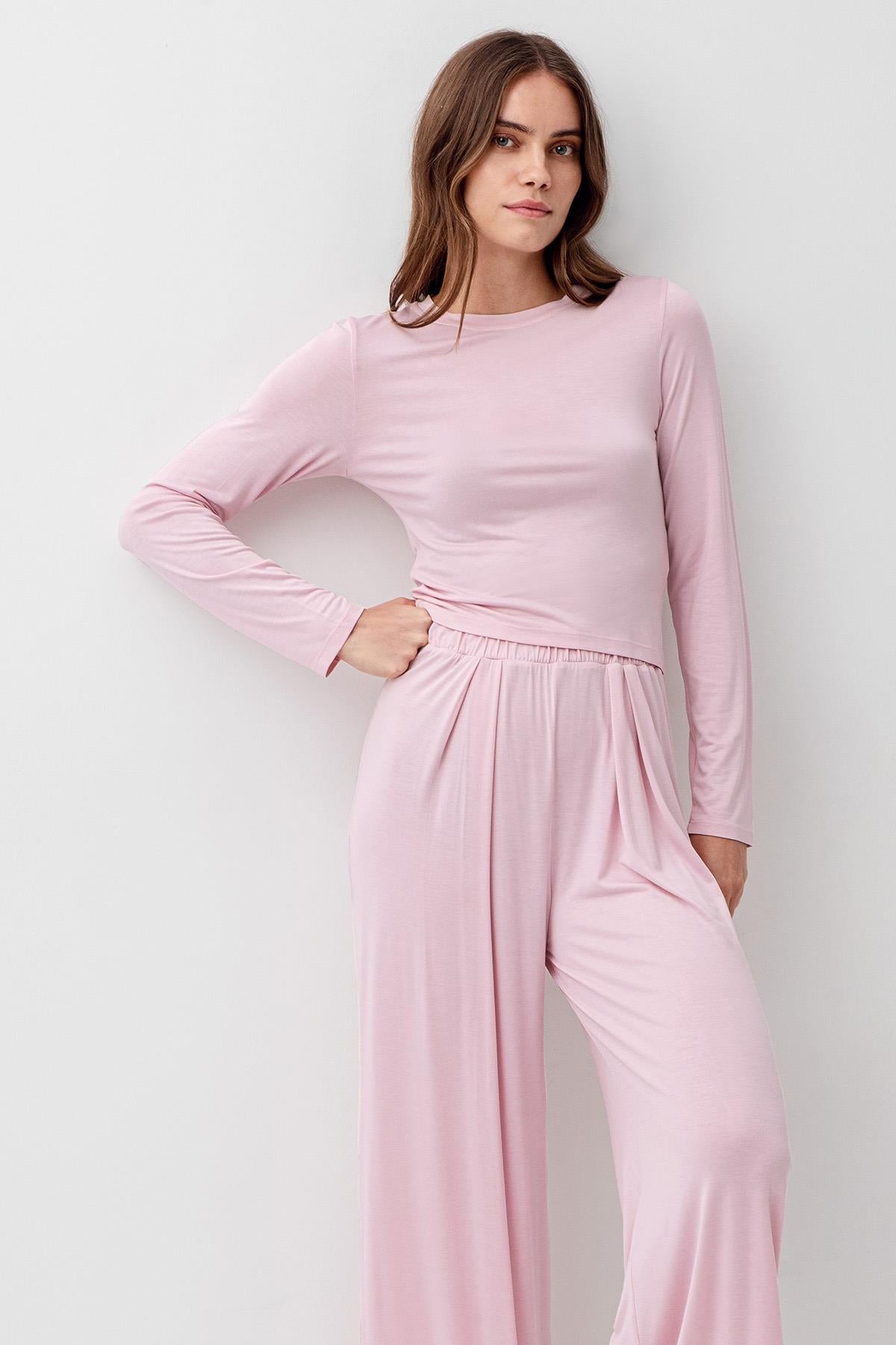 Uzun Kollu Crop Bol Paça Esnek Likralı Viskoz Soft Pijama Takım 18210