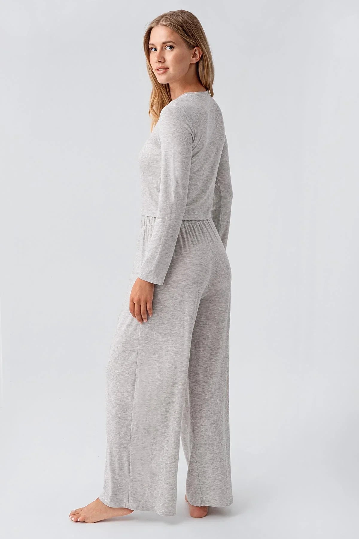 Uzun Kollu Crop Bol Paça Esnek Viskoz Pijama Takım 18210 - Artış Collection