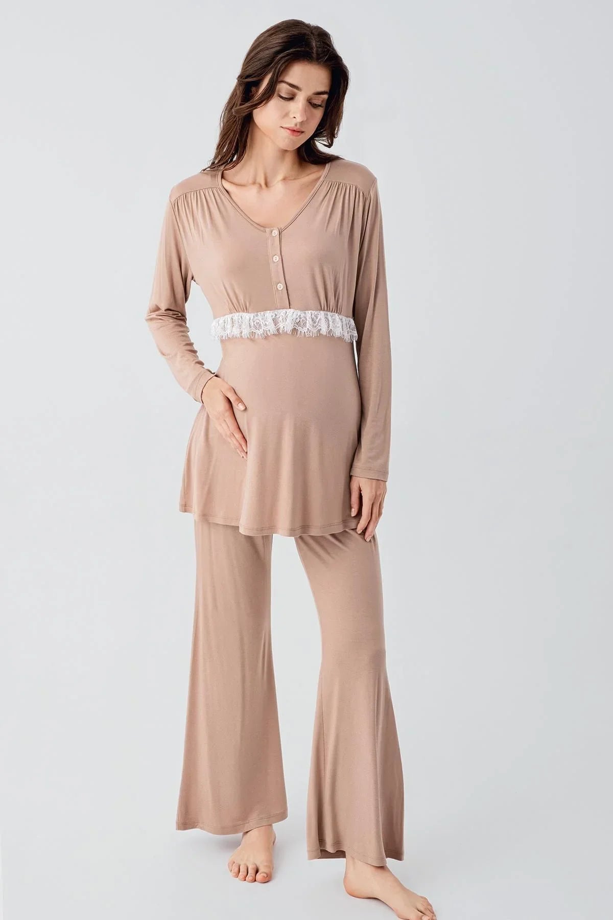 Uzun Kollu Dantelli Desenli Düğmeli İspanyol Paça Esnek Viskoz Hamile Sabahlık Pijama Takım 23101 - Artış Collection