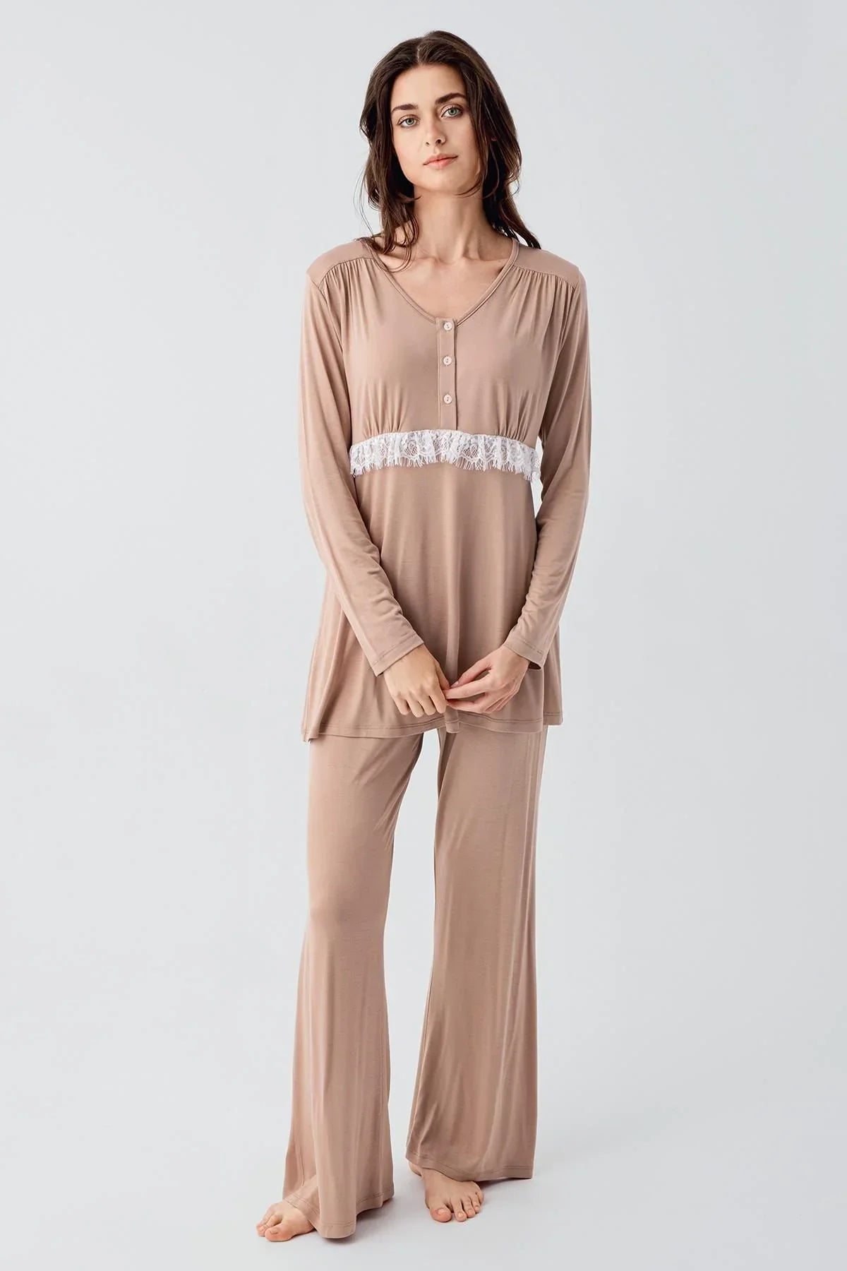 Uzun Kollu Dantelli Desenli Düğmeli İspanyol Paça Esnek Viskoz Hamile Sabahlık Pijama Takım 23101 - Artış Collection