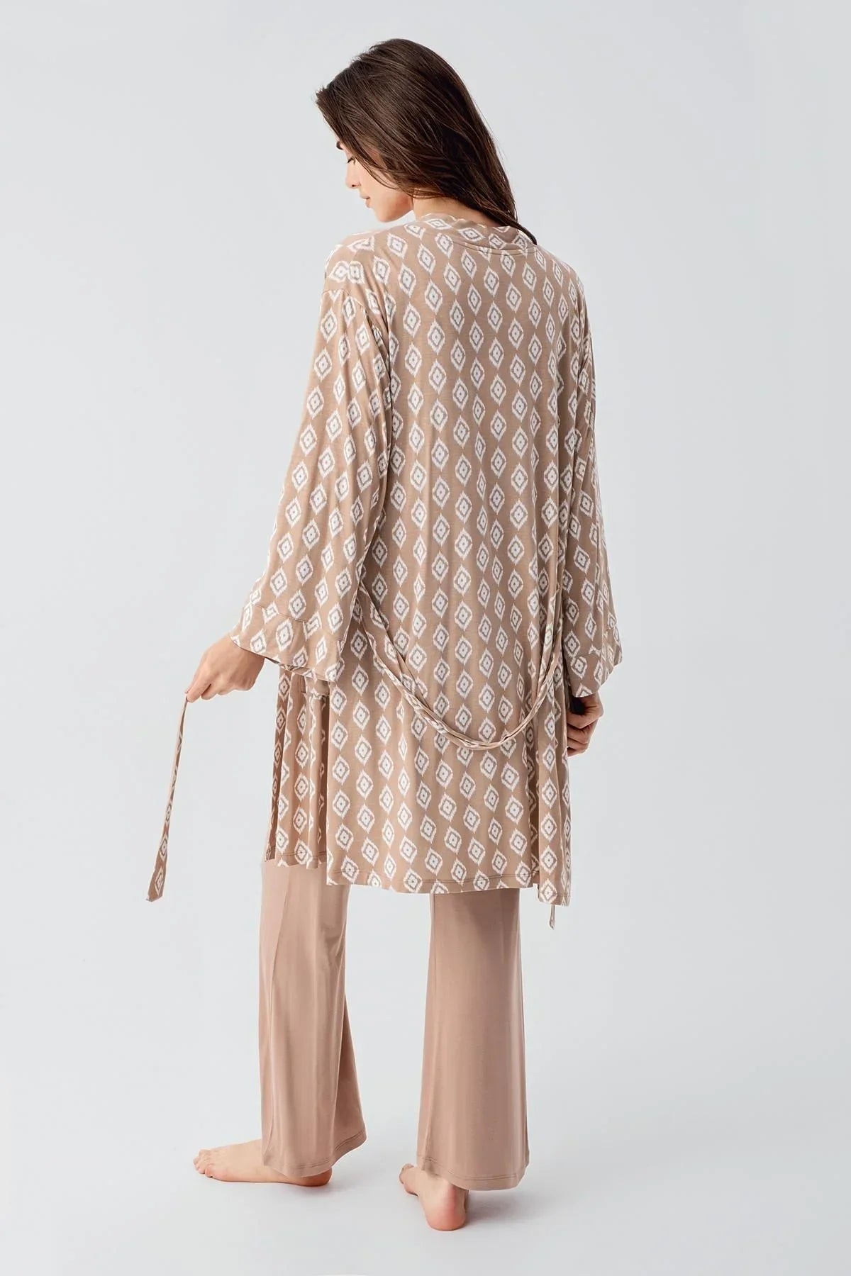 Uzun Kollu Dantelli Desenli Düğmeli İspanyol Paça Esnek Viskoz Hamile Sabahlık Pijama Takım 23101 - Artış Collection