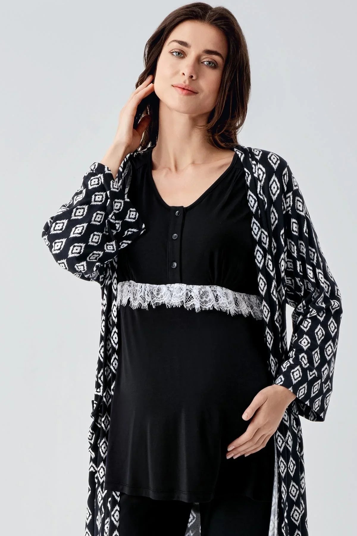 Uzun Kollu Dantelli Desenli Düğmeli İspanyol Paça Esnek Viskoz Hamile Sabahlık Pijama Takım 23101 - Artış Collection