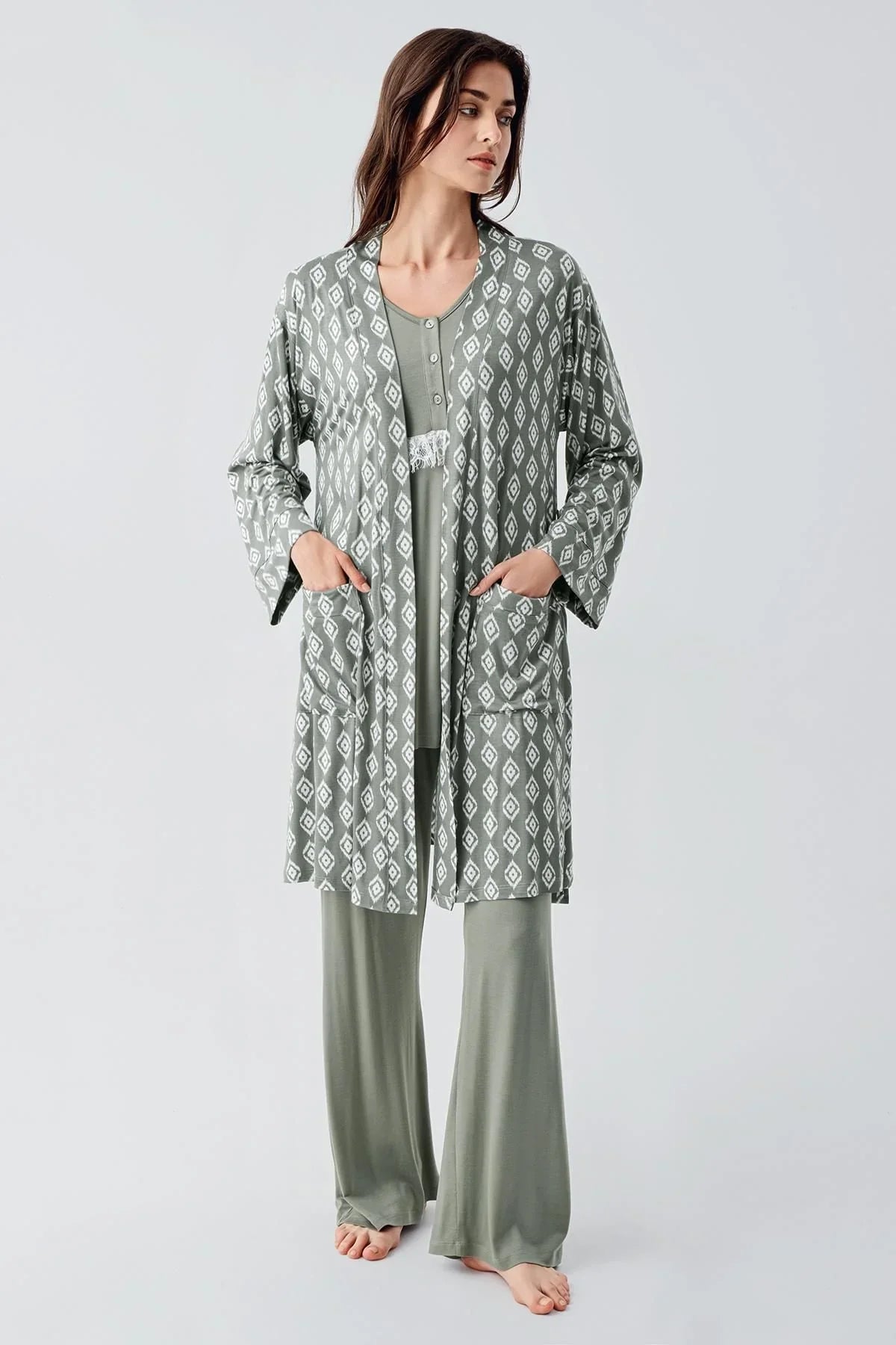 Uzun Kollu Dantelli Desenli Düğmeli İspanyol Paça Esnek Viskoz Hamile Sabahlık Pijama Takım 23101 - Artış Collection