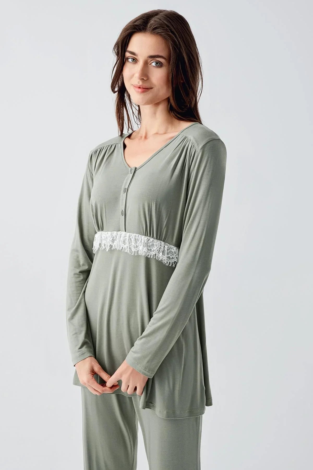 Uzun Kollu Dantelli Desenli Düğmeli İspanyol Paça Esnek Viskoz Hamile Sabahlık Pijama Takım 23101 - Artış Collection