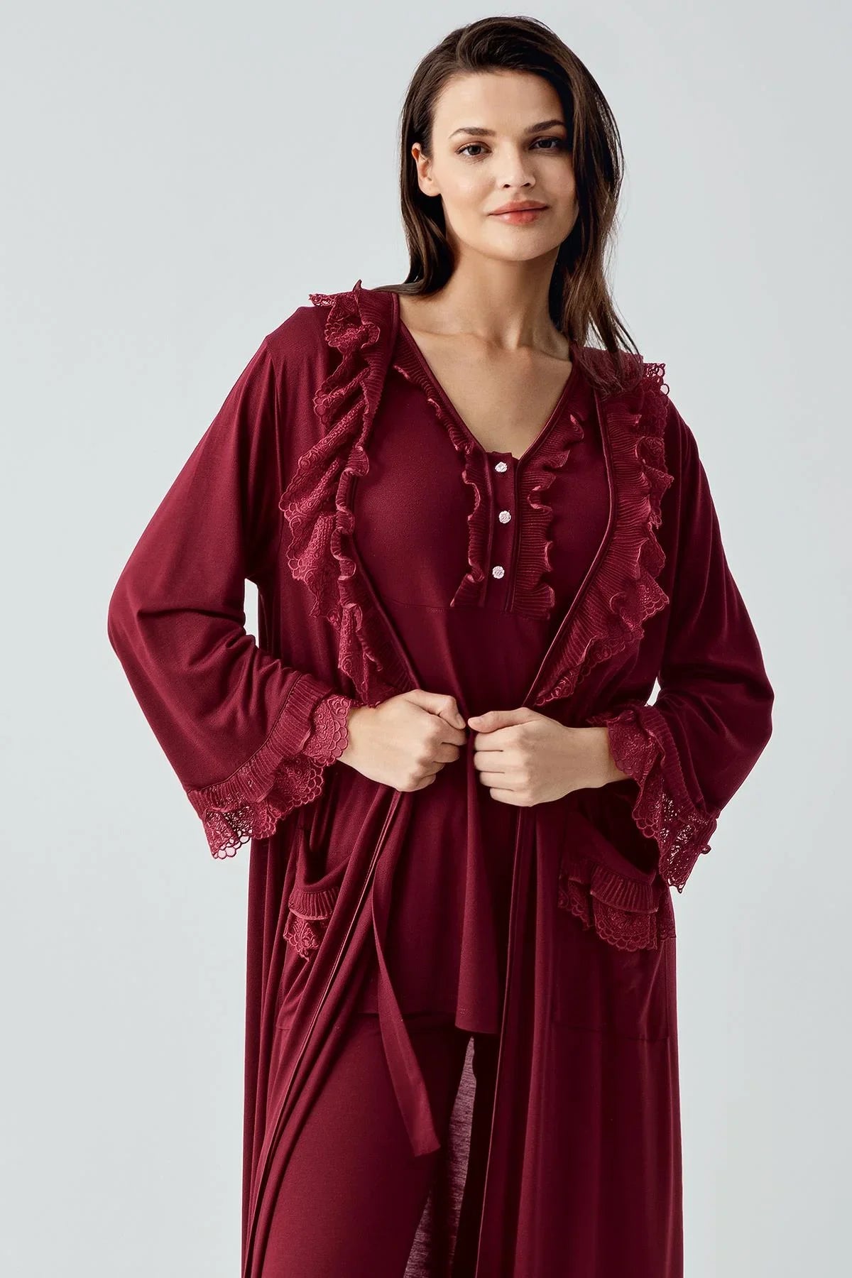 Uzun Kollu Dantelli Düğmeli Esnek Viskoz Sabahlık Pijama Takım 17304