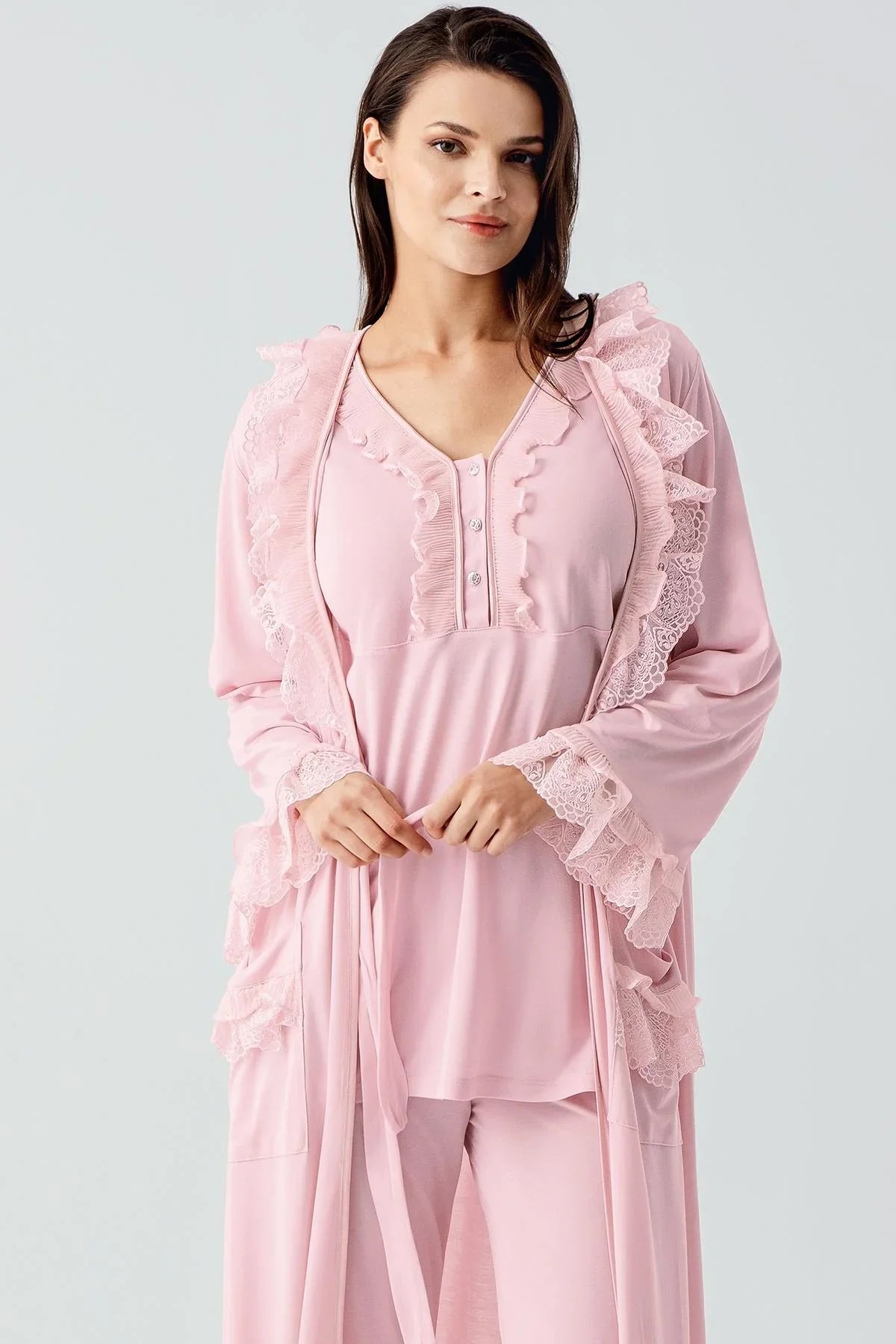 Uzun Kollu Dantelli Düğmeli Esnek Viskoz Sabahlık Pijama Takım 17304