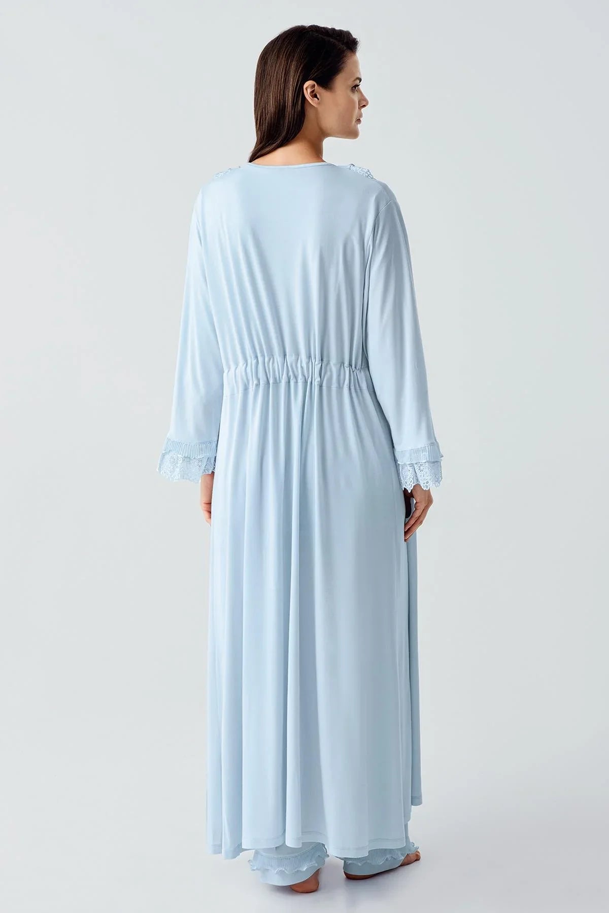 Uzun Kollu Dantelli Düğmeli Esnek Viskoz Sabahlık Pijama Takım 17304