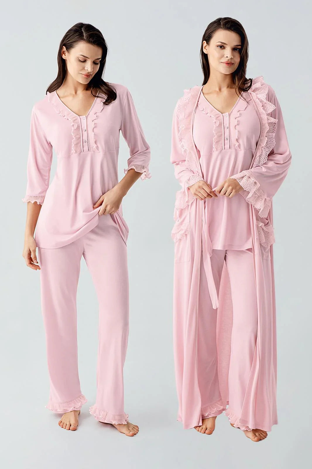 Uzun Kollu Dantelli Düğmeli Esnek Viskoz Sabahlık Pijama Takım 17304