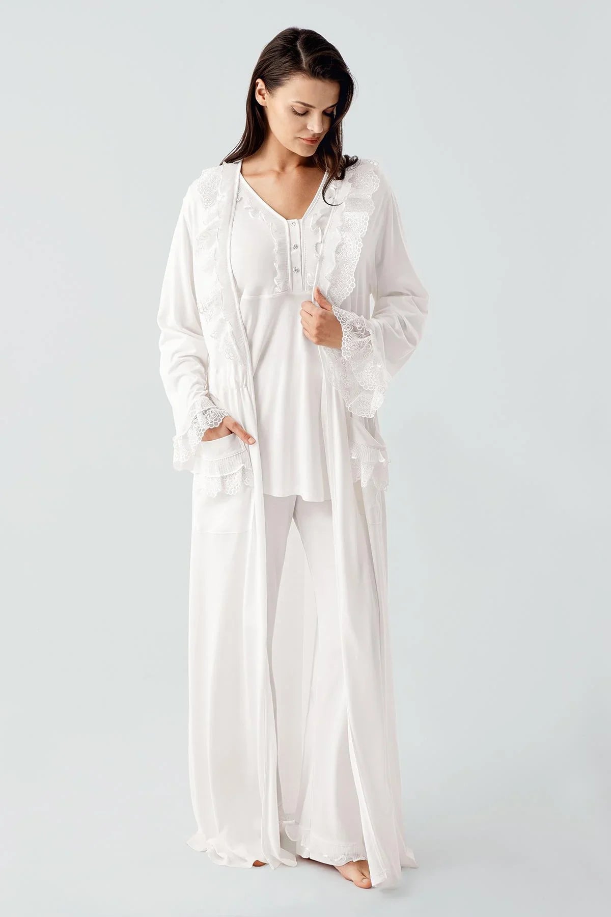 Uzun Kollu Dantelli Düğmeli Esnek Viskoz Sabahlık Pijama Takım 17304