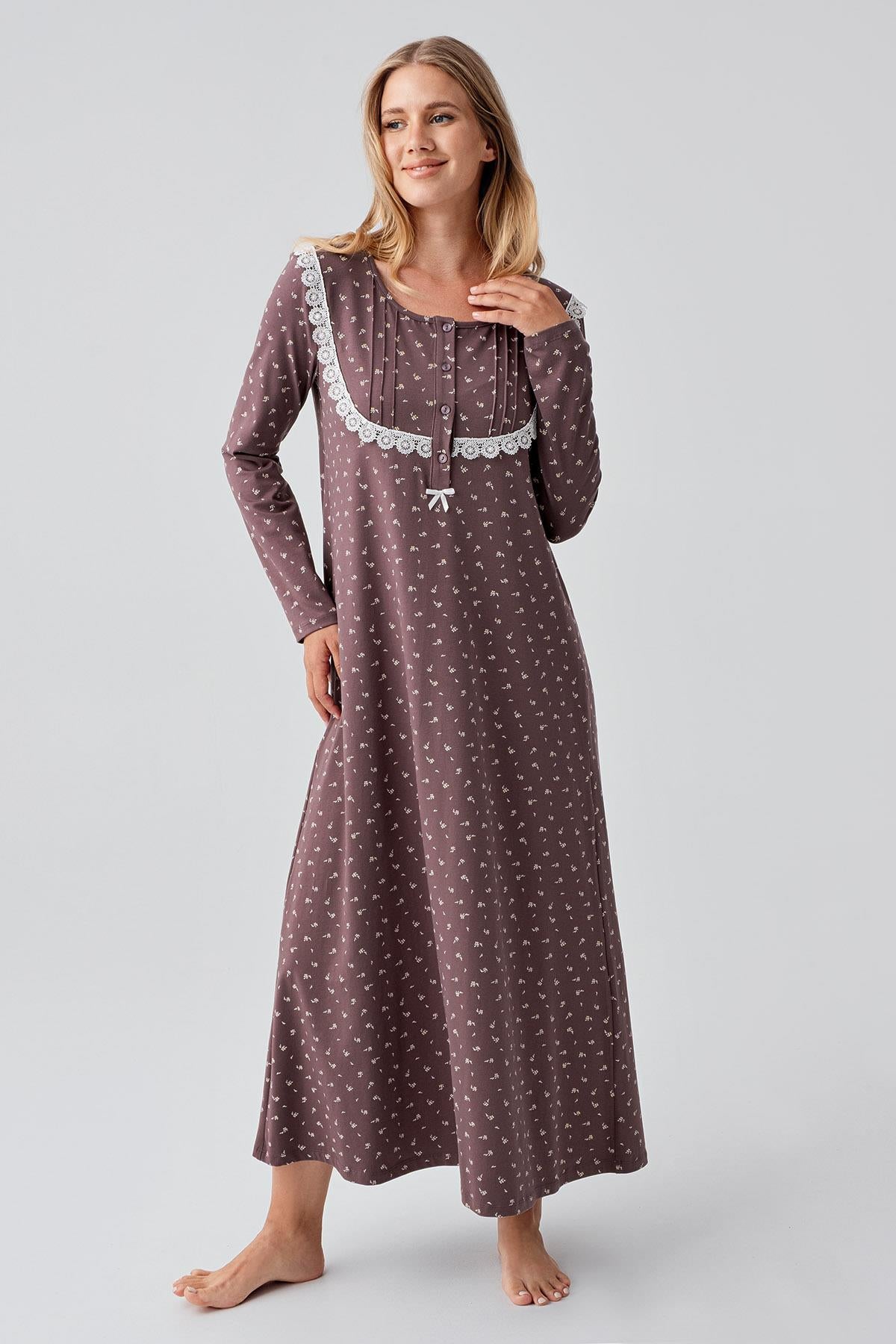 Uzun Kollu Desenli Düğmeli Esnek Pamuklu Gecelik 18101