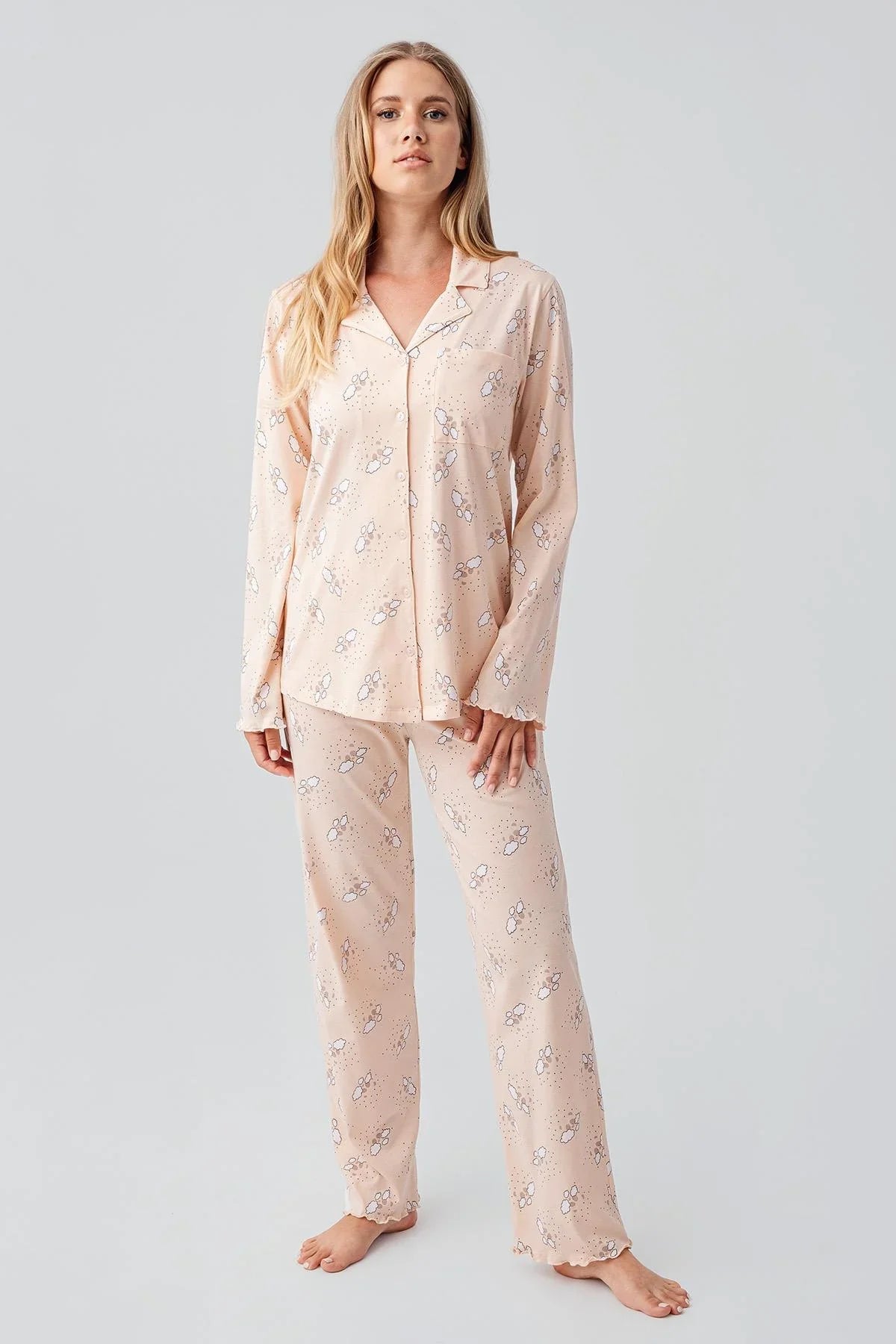 Uzun Kollu Desenli Düğmeli Esnek Pamuklu Hamile Pijama Takım 18200 - Artış Collection