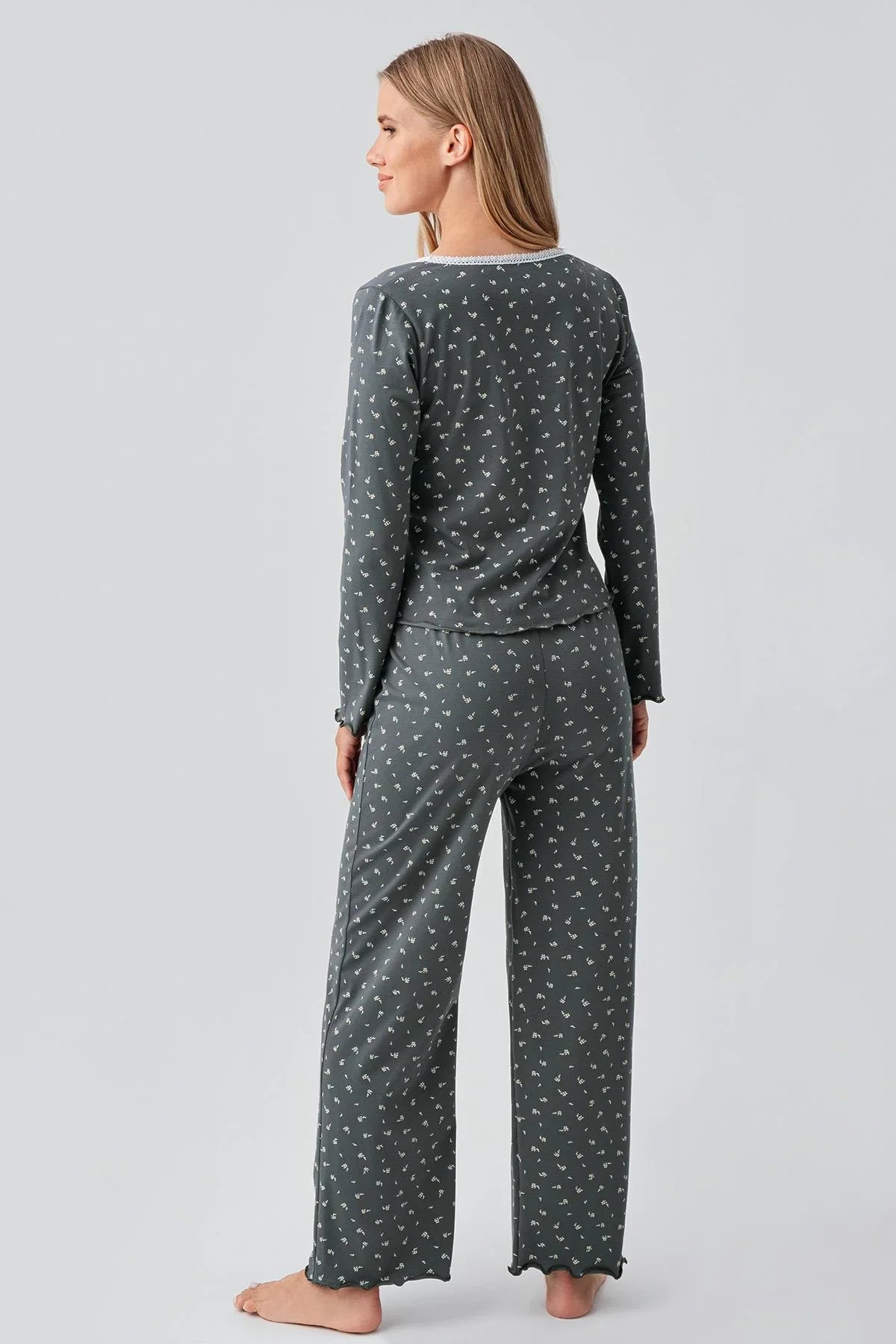 Uzun Kollu Desenli Düğmeli Esnek Pamuklu Pijama Takım 18202 - Artış Collection