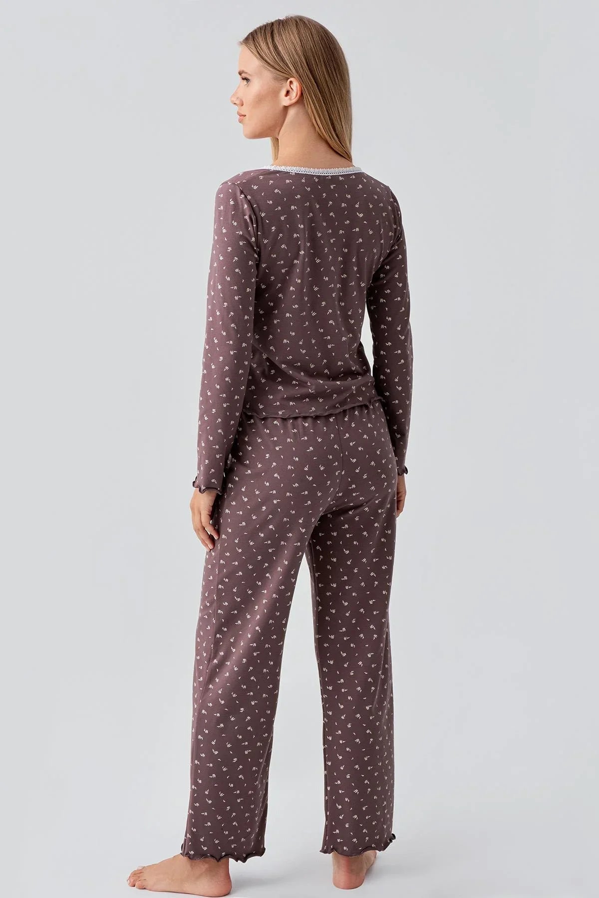 Uzun Kollu Desenli Düğmeli Esnek Pamuklu Pijama Takım 18202 - Artış Collection