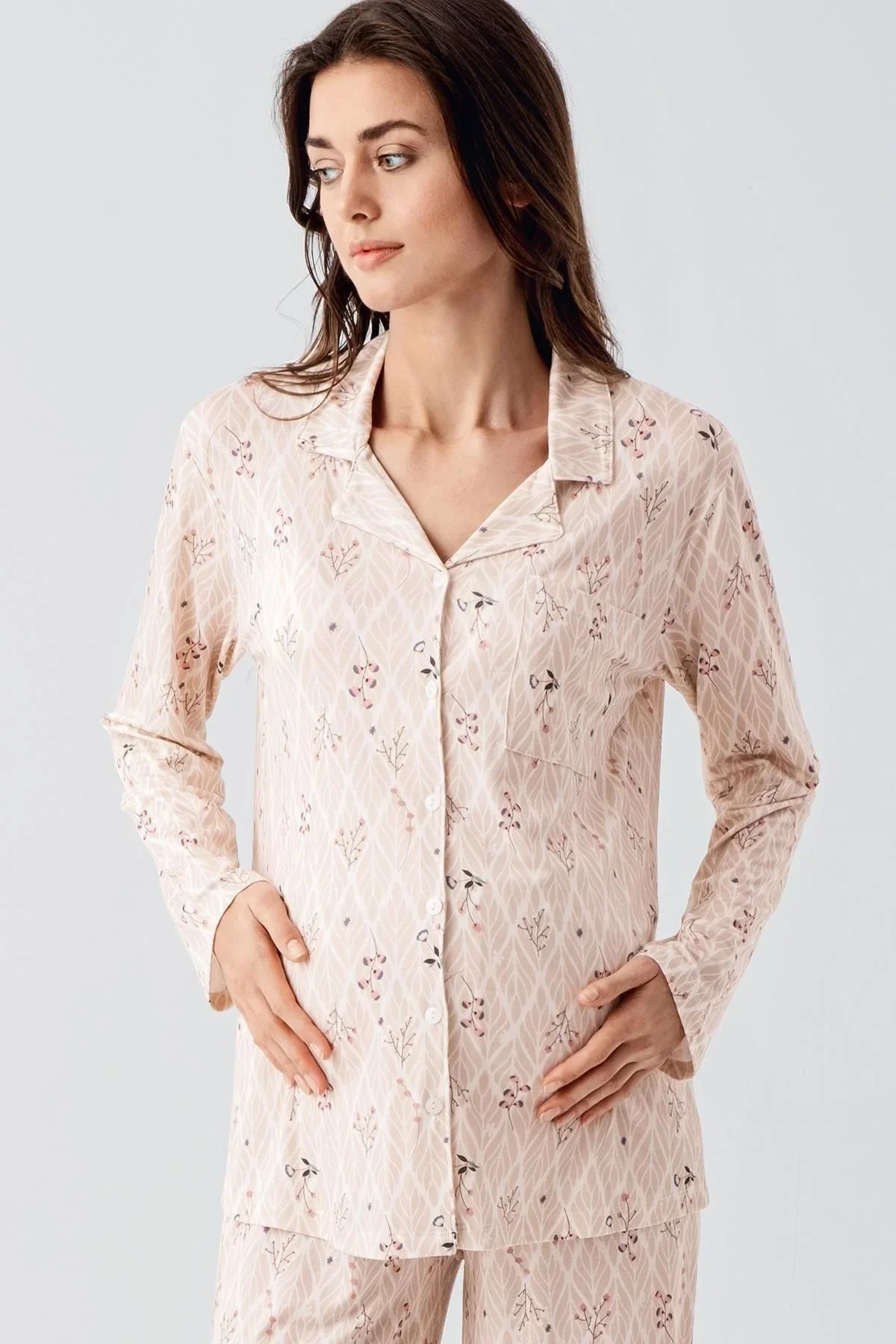 Uzun Kollu Desenli Düğmeli Esnek Viskon Pijama Takım 16213