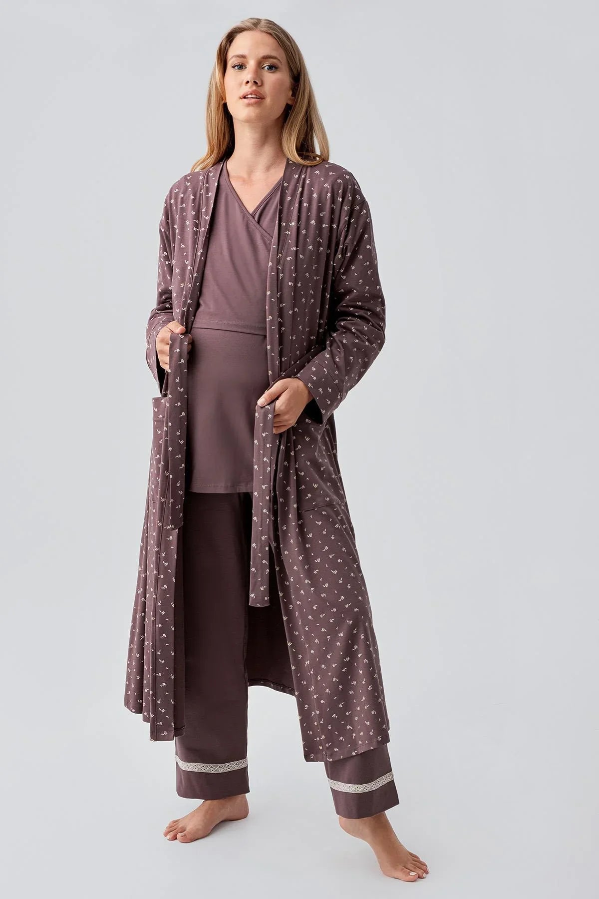 Uzun Kollu Desenli Esnek Pamuklu Hamile Sabahlık Pijama Takım 18301