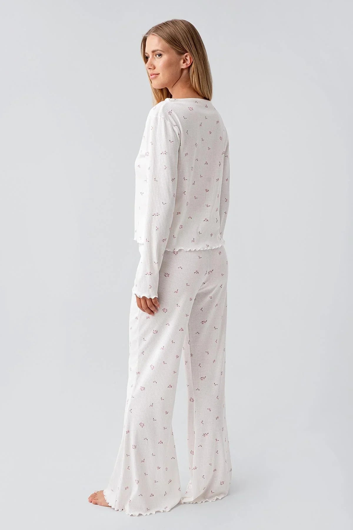 Long Sleeve Patterned Flexible Cotton Pajama Set 18219