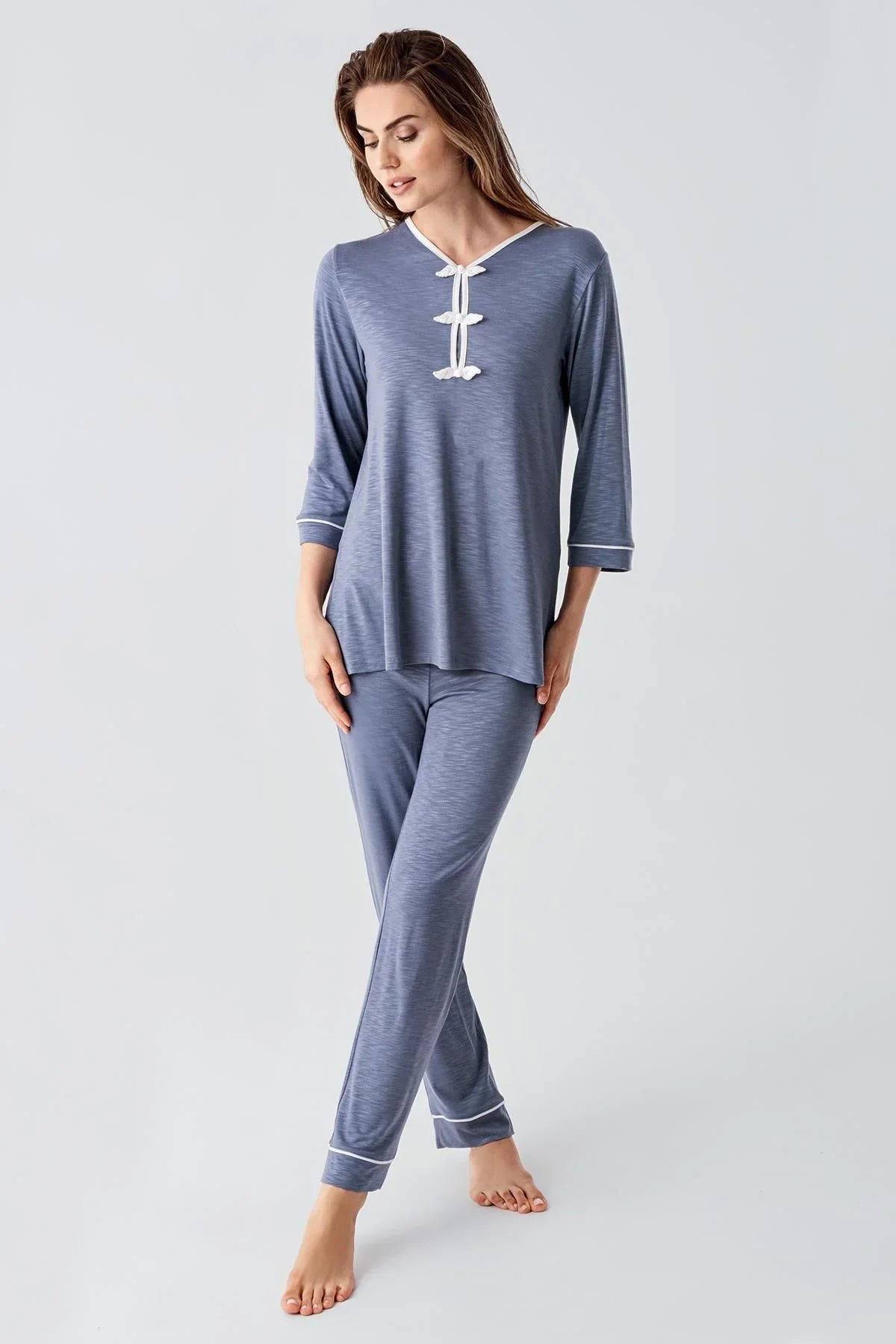 Uzun Kollu Desenli Esnek Viskoz Dokuma Hamile Sabahlık Pijama Takım 23108 - Artış Collection